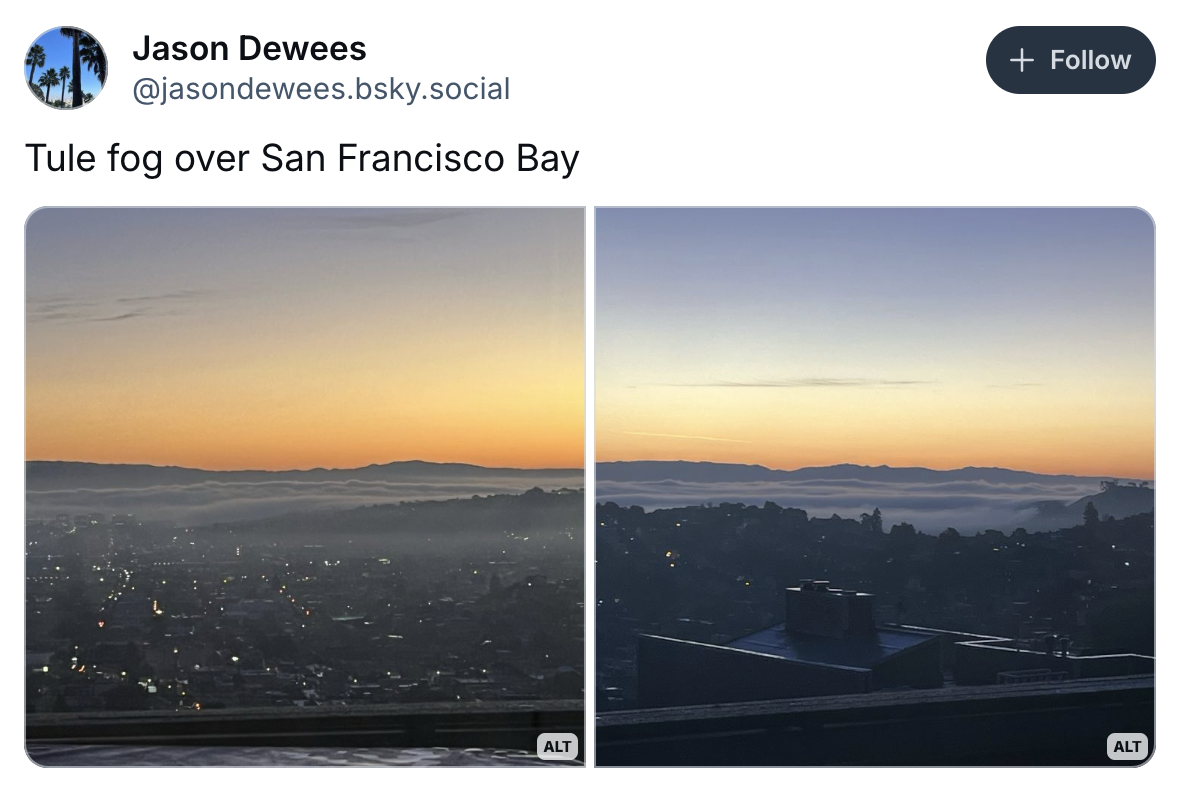 A split panoramic view of San Francisco Bay at sunset, with tule fog gently covering the cityscape, silhouetted buildings, and hills in the background.