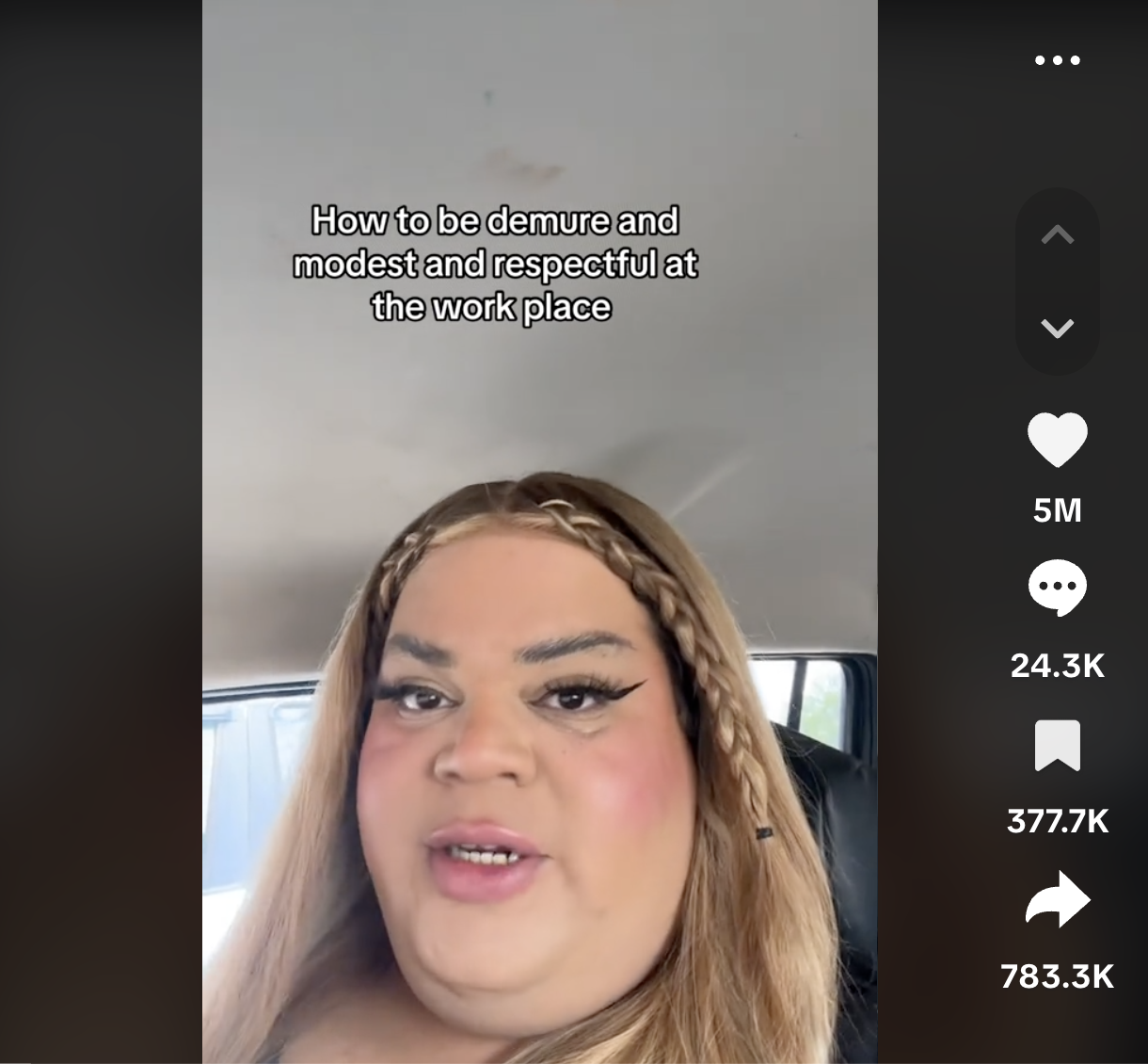 A person with makeup, long hair, and braids talks in a video about being demure and respectful at work. The video has many likes, comments, and shares.