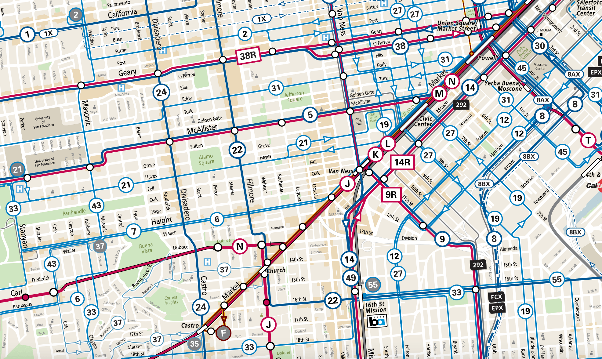 This image is a detailed map of a public transport system in an urban area, showing various bus and rail routes with numbered stops and major street names.