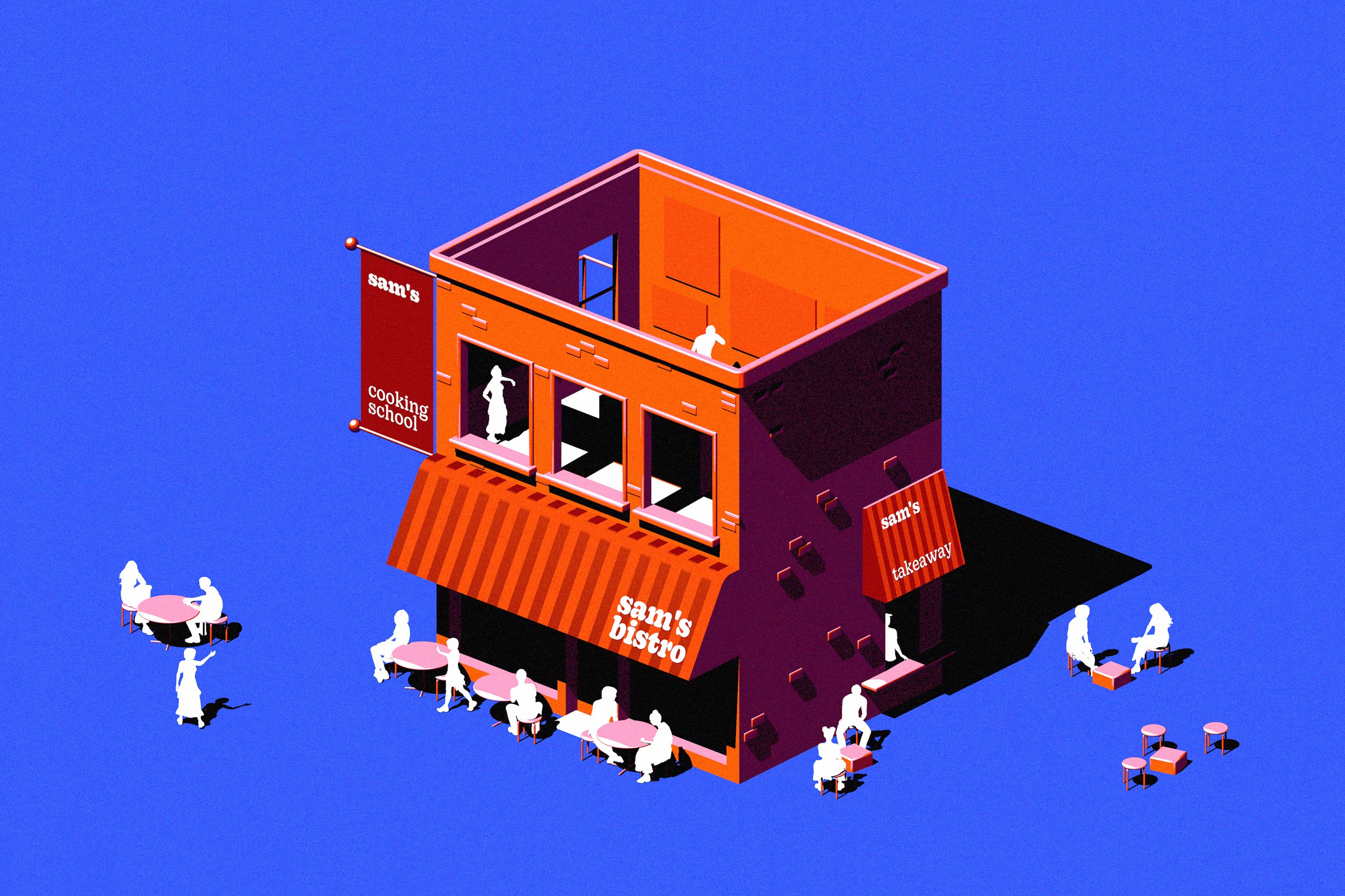 An illustration depicting a red building with tables and chairs around it.
