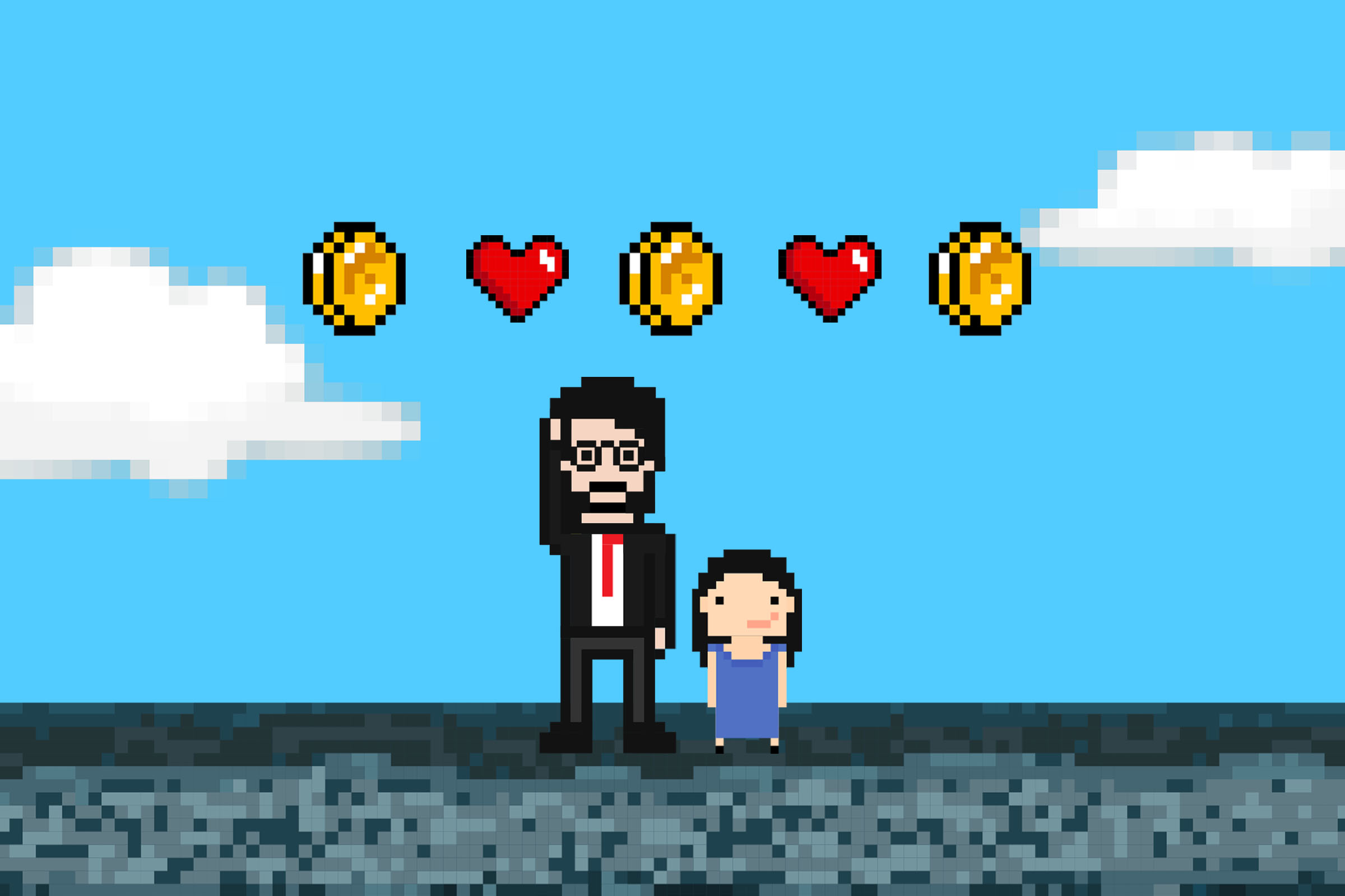 An illustration depicting a man and a child standing under coins and hearts.