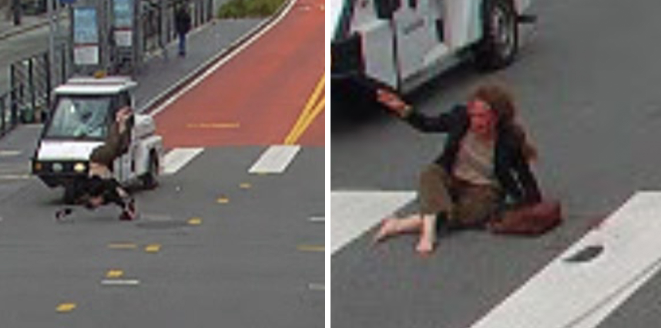 A person is knocked down by a small white vehicle on a road, then seen sitting up, appearing startled or in pain, on a crosswalk.