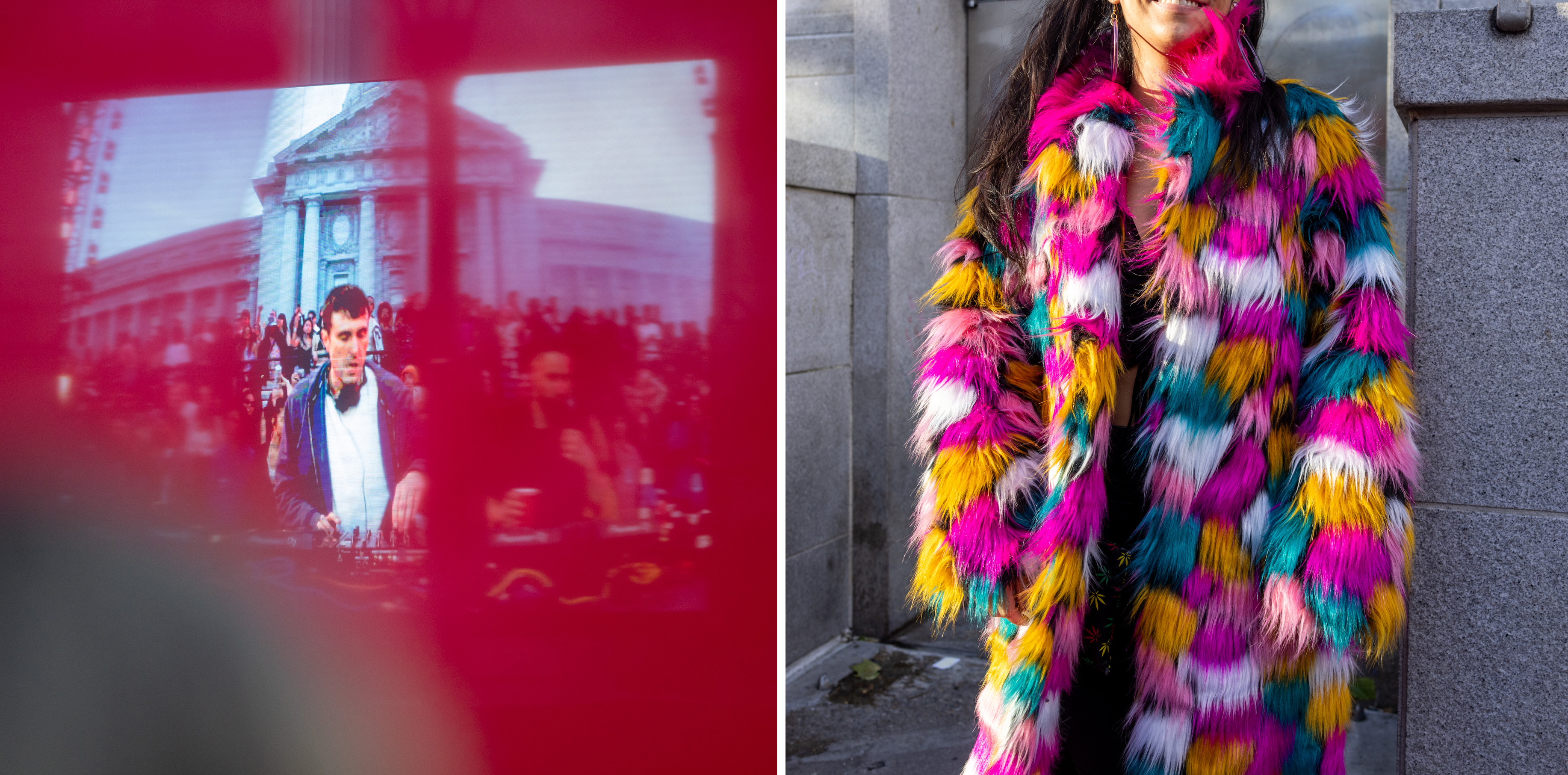 The image shows a DJ through a red filter on the left and a person in a colorful, fluffy fur coat in vibrant pink, yellow, white, and teal on the right.