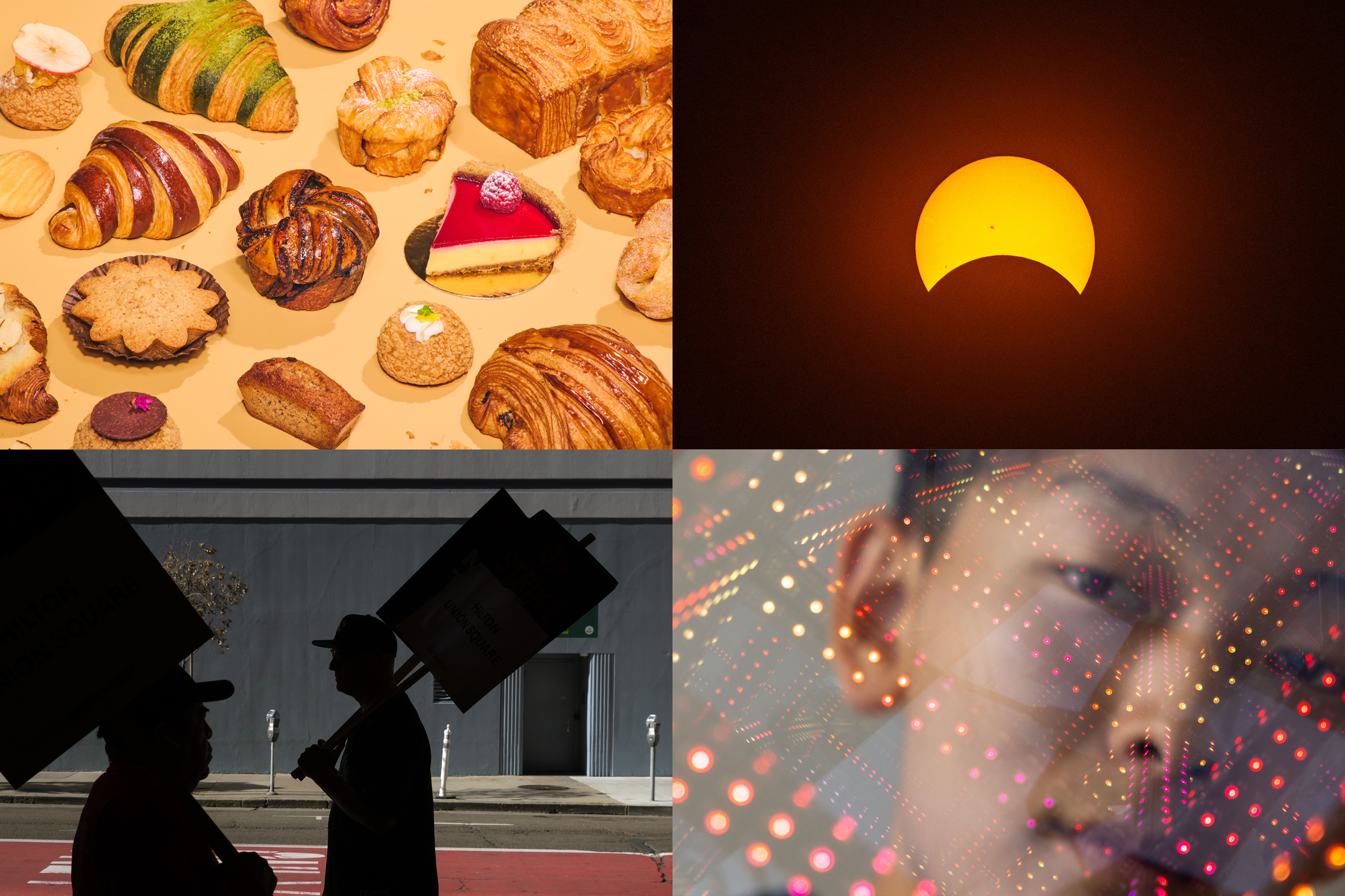 The image is a collage: various pastries on display, a partial solar eclipse, silhouetted people with signs, and a person's face overlaid with colorful lights.