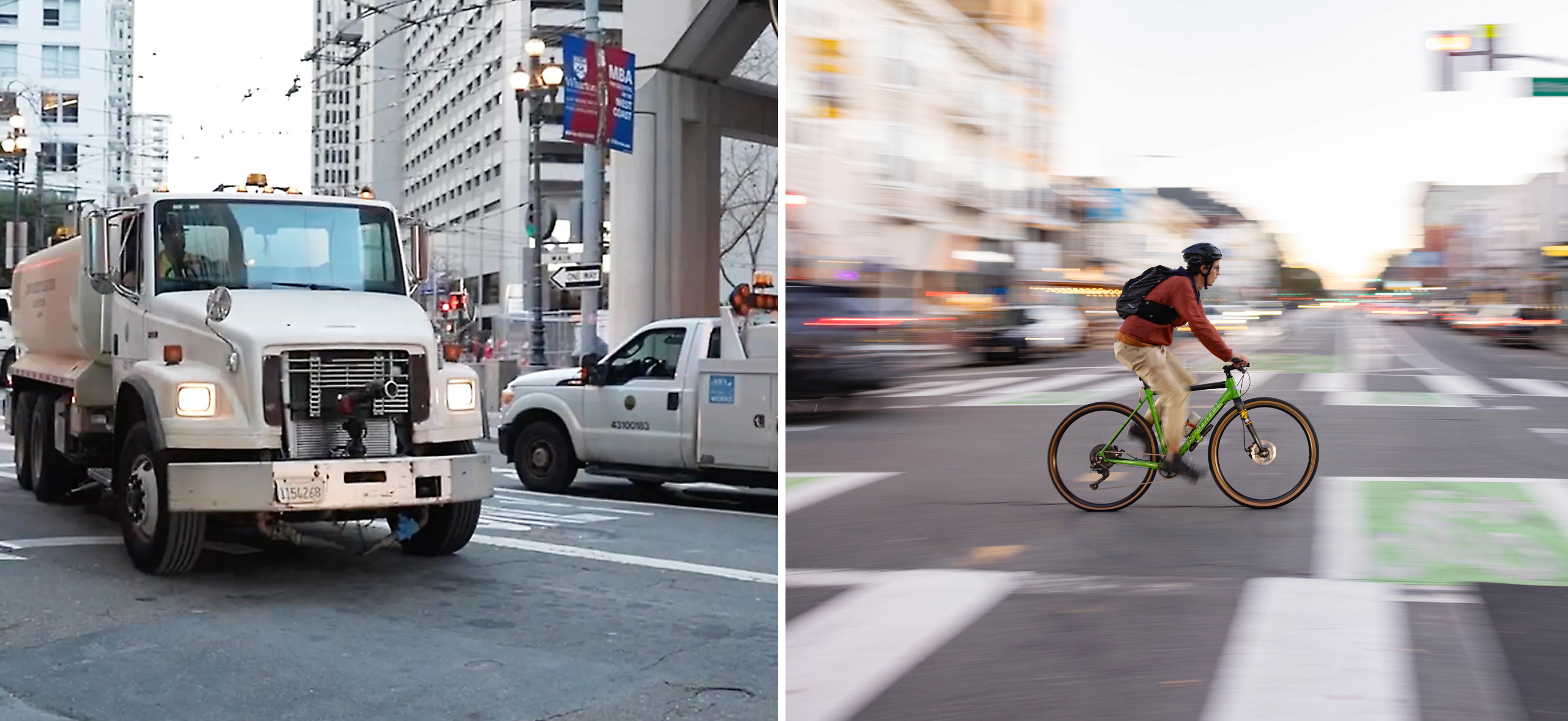 The left image shows a large white truck on a city street. The right image features a cyclist in motion, wearing a helmet and backpack, riding a green bike in an urban area.