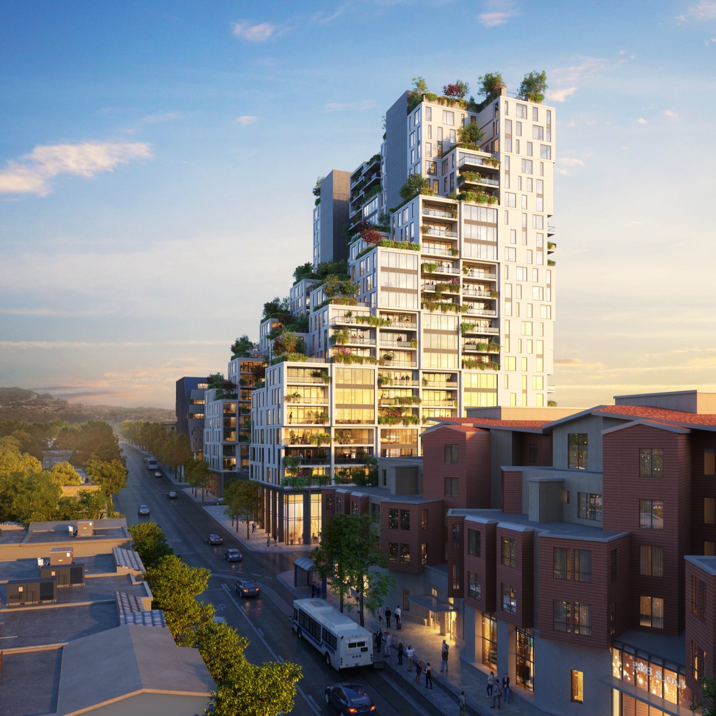 A modern high-rise building with green terraces overlooks a street lined with smaller residential buildings. The scene is set under a clear, sunset-lit sky.