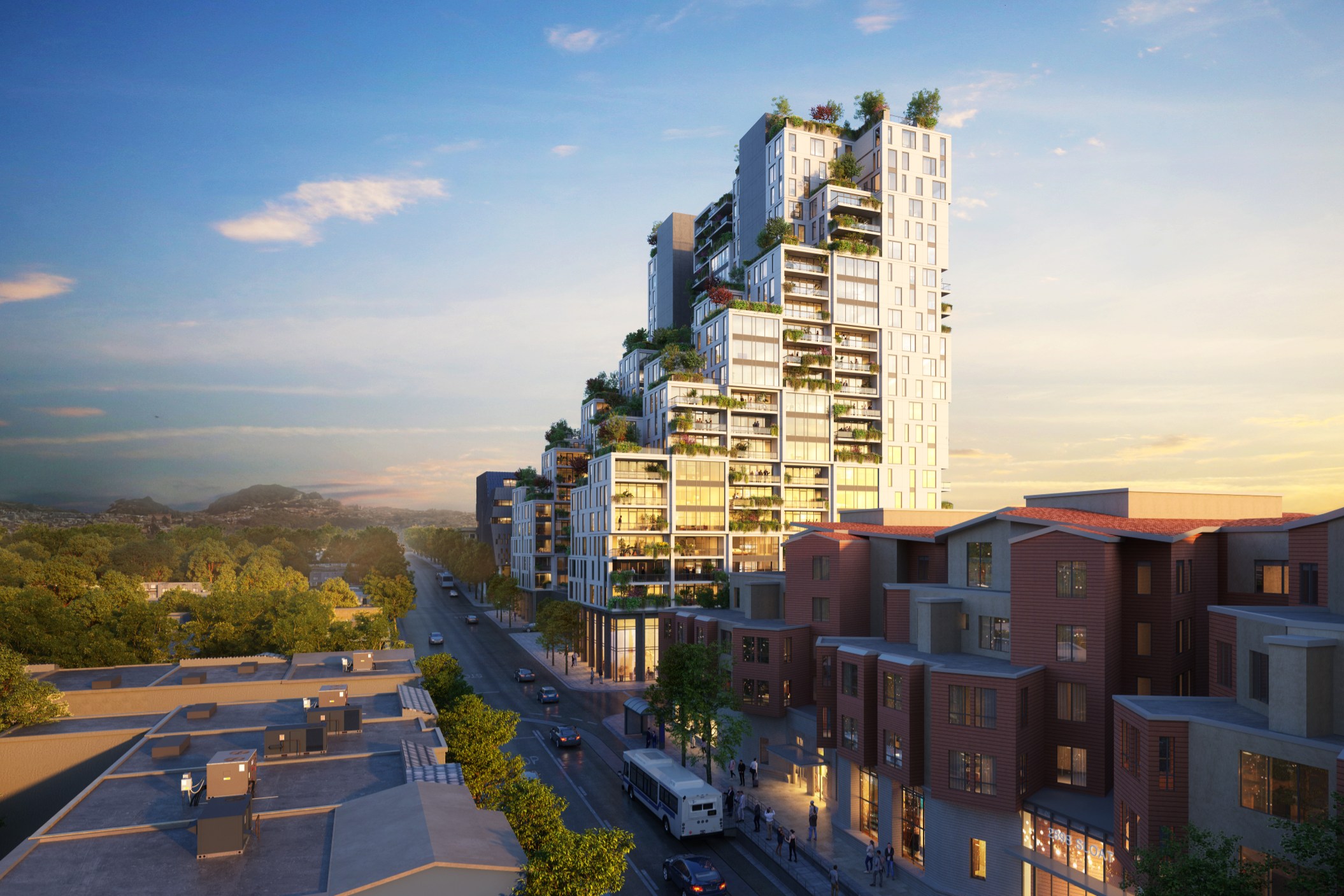 A modern high-rise building with green terraces overlooks a street lined with smaller residential buildings. The scene is set under a clear, sunset-lit sky.