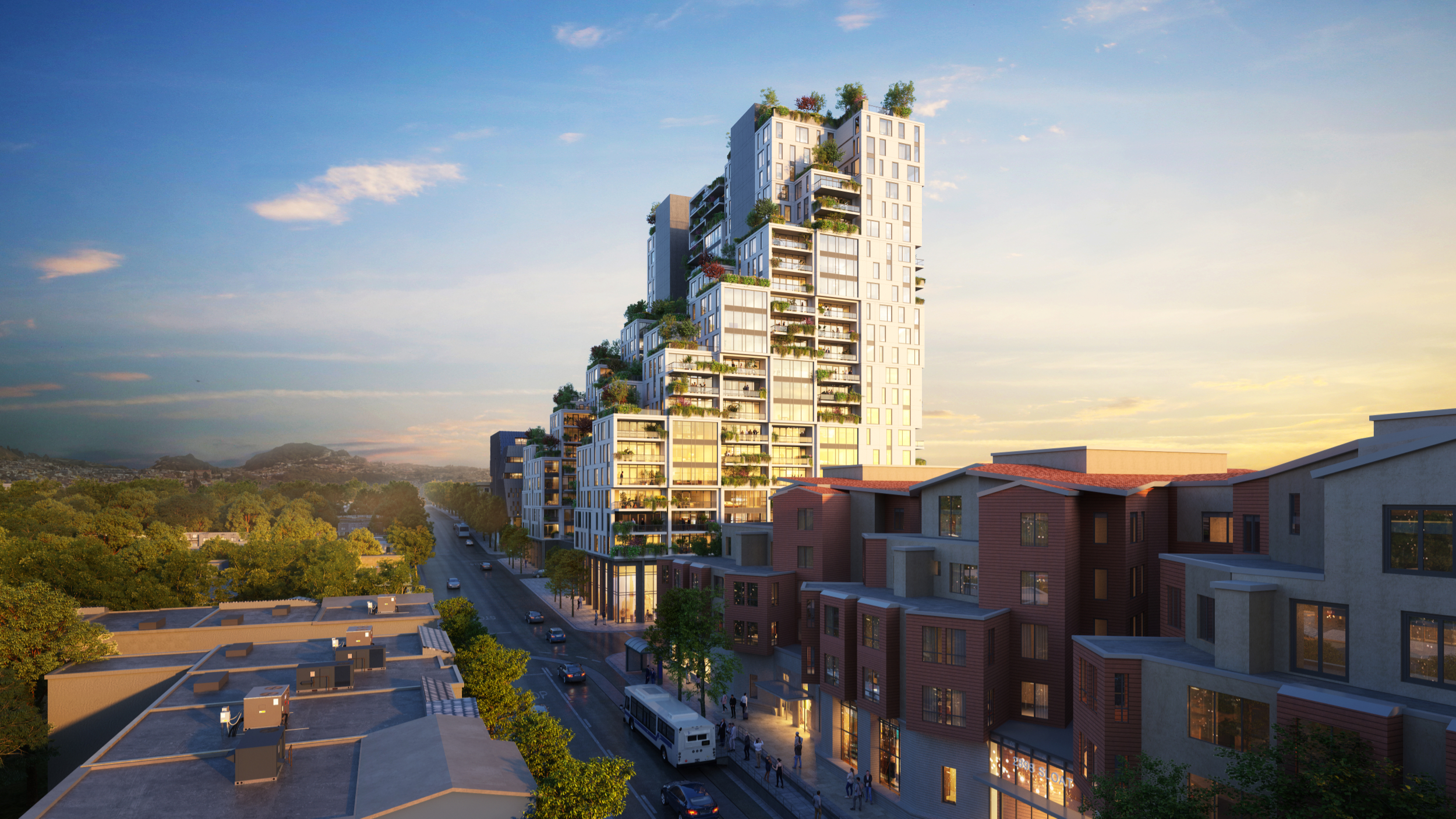 A modern high-rise building with green terraces overlooks a street lined with smaller residential buildings. The scene is set under a clear, sunset-lit sky.