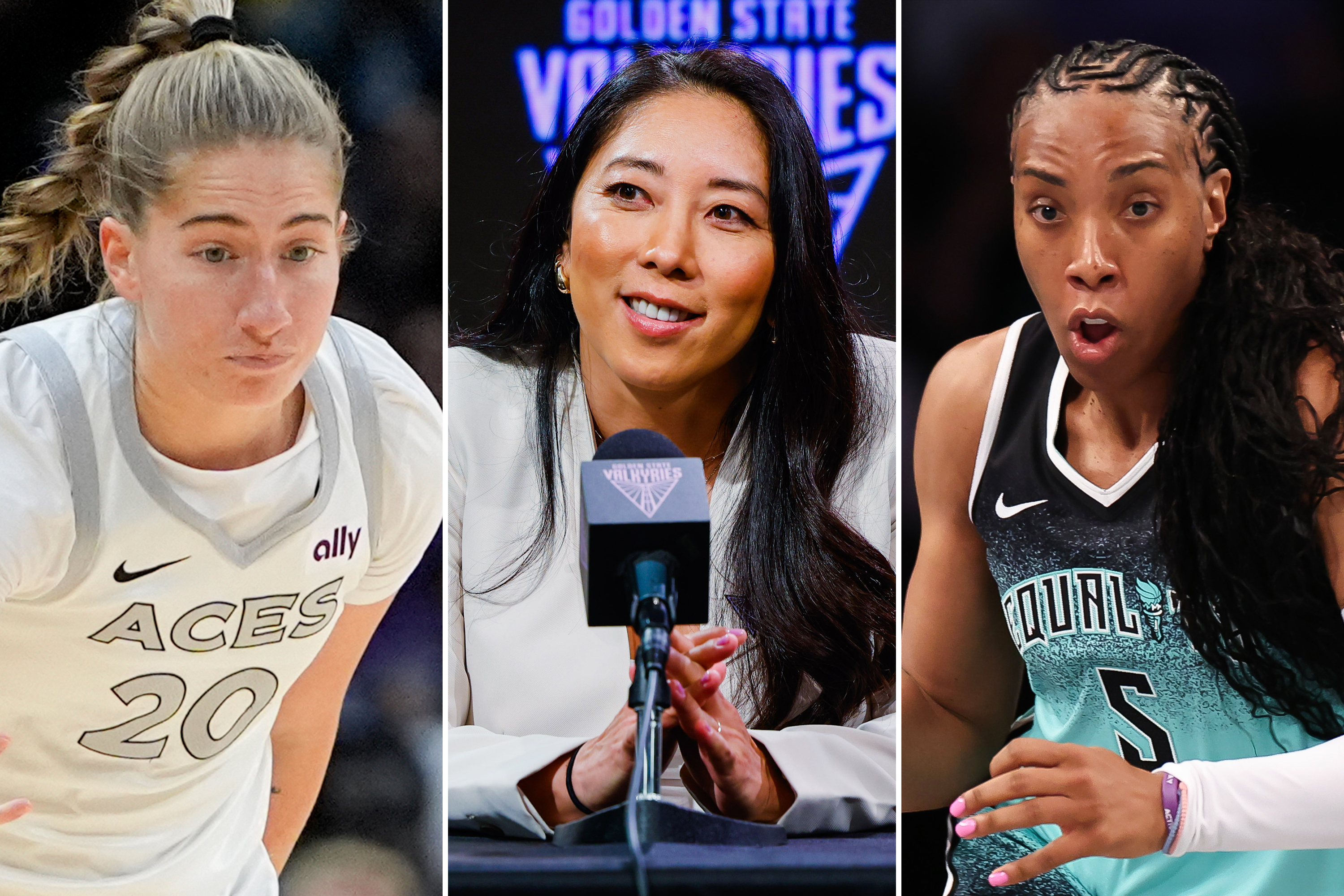 The image shows three women: one in a white basketball uniform, one speaking at a podium, and another in a black and blue basketball uniform.