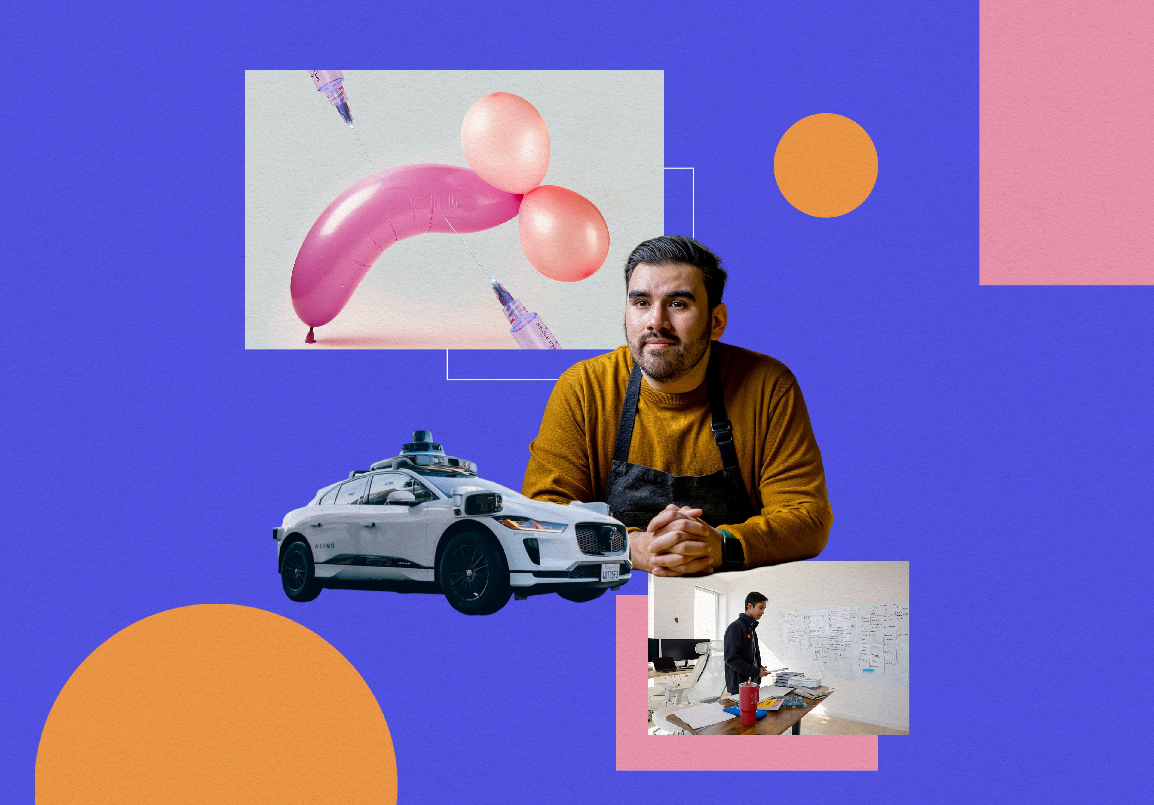 The image features a man in a mustard sweater, a self-driving car, and abstract art with balloons and syringes on a colorful background with geometric shapes.