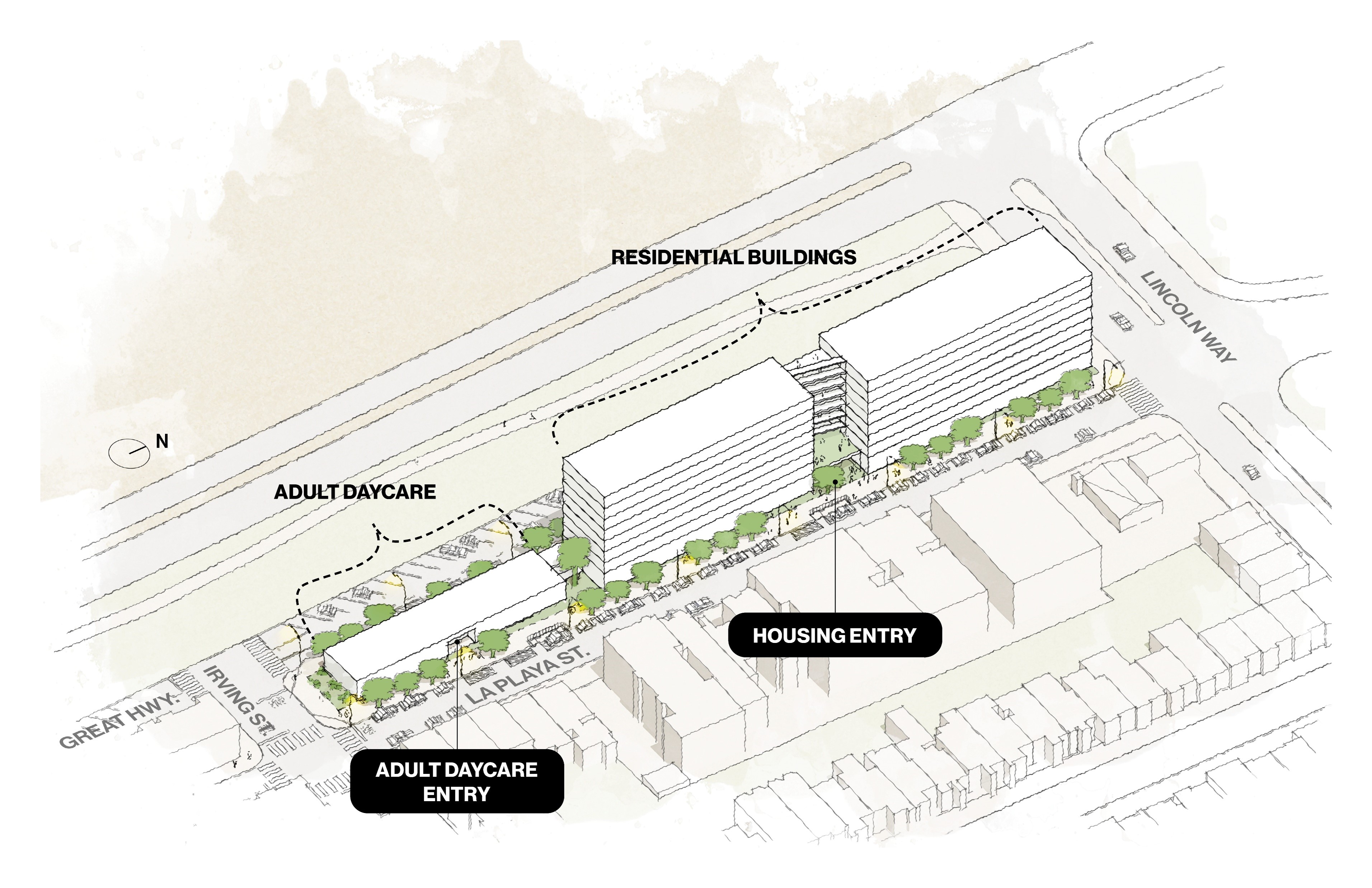 The image shows a layout with two residential buildings and an adult daycare, marked by labeled pathways and entry points on La Playa Street and Lincoln Way.