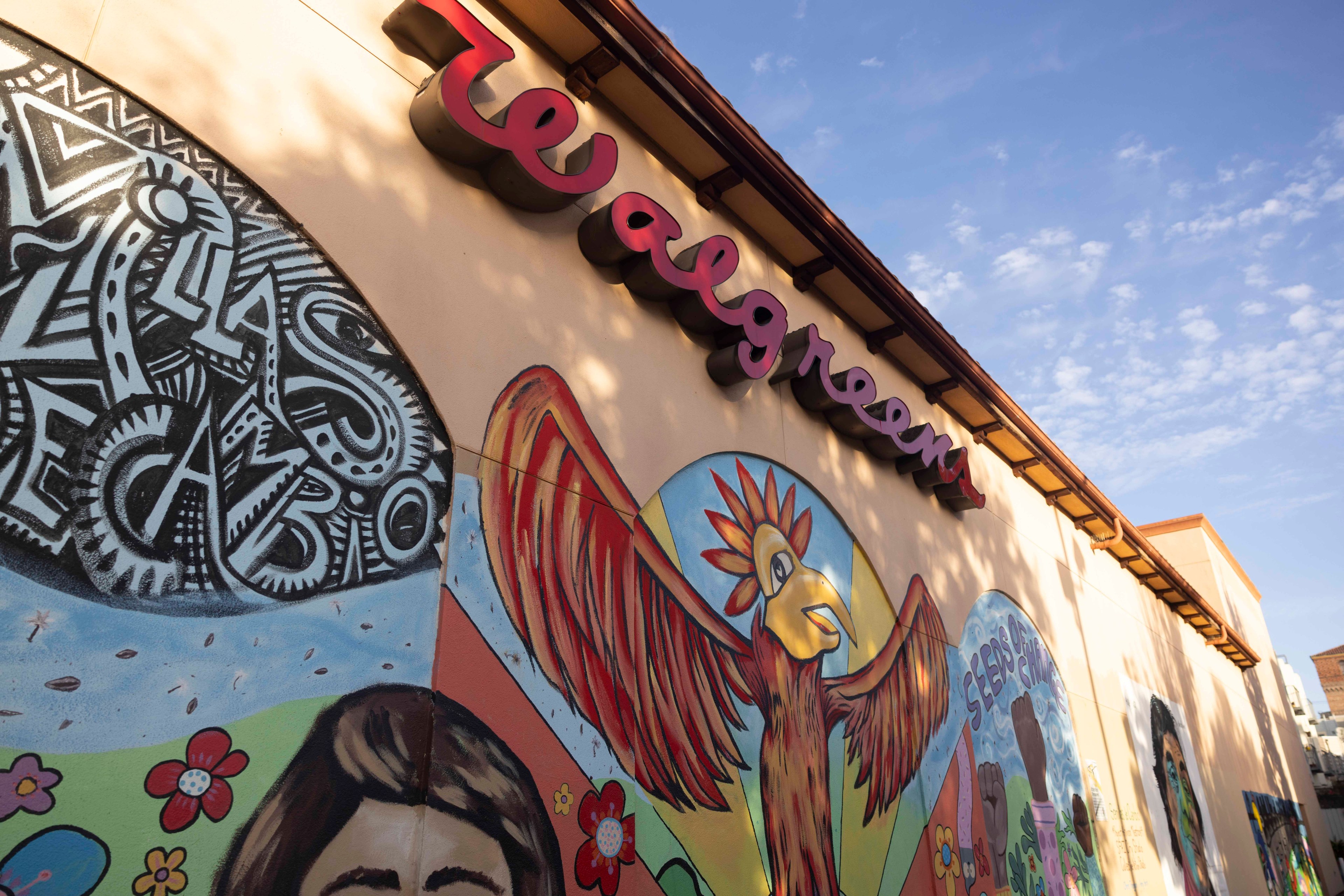 A colorful mural on a store wall features a bird with outstretched wings, floral designs, and bold text under a &quot;Walgreens&quot; sign.