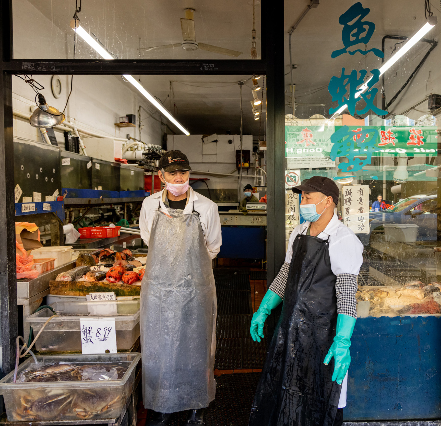 Two people wearing aprons and masks stand in a seafood market. Fish and seafood are displayed on ice, and Chinese characters are visible on the window.