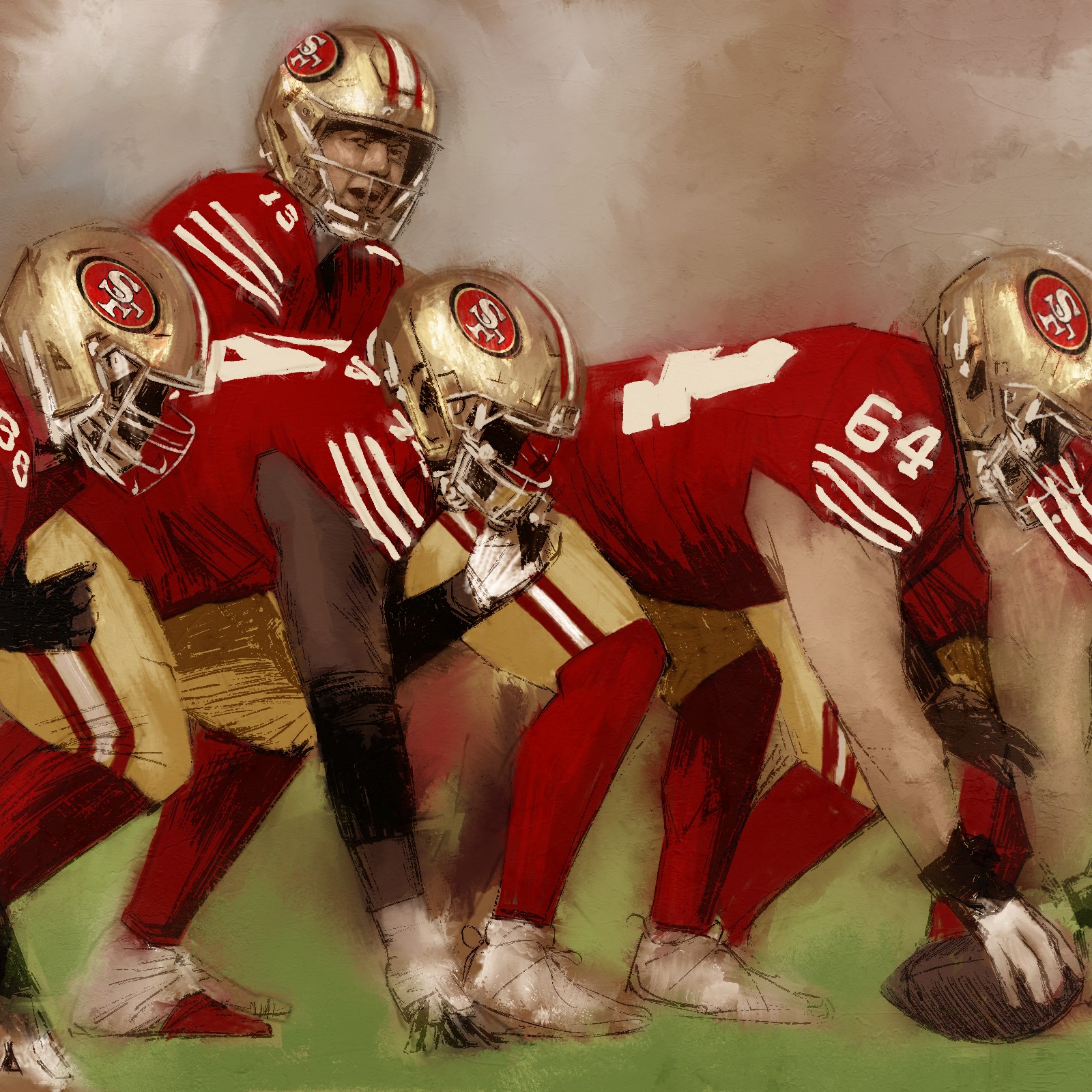 An illustration of men wearing red and gold uniforms playing football.