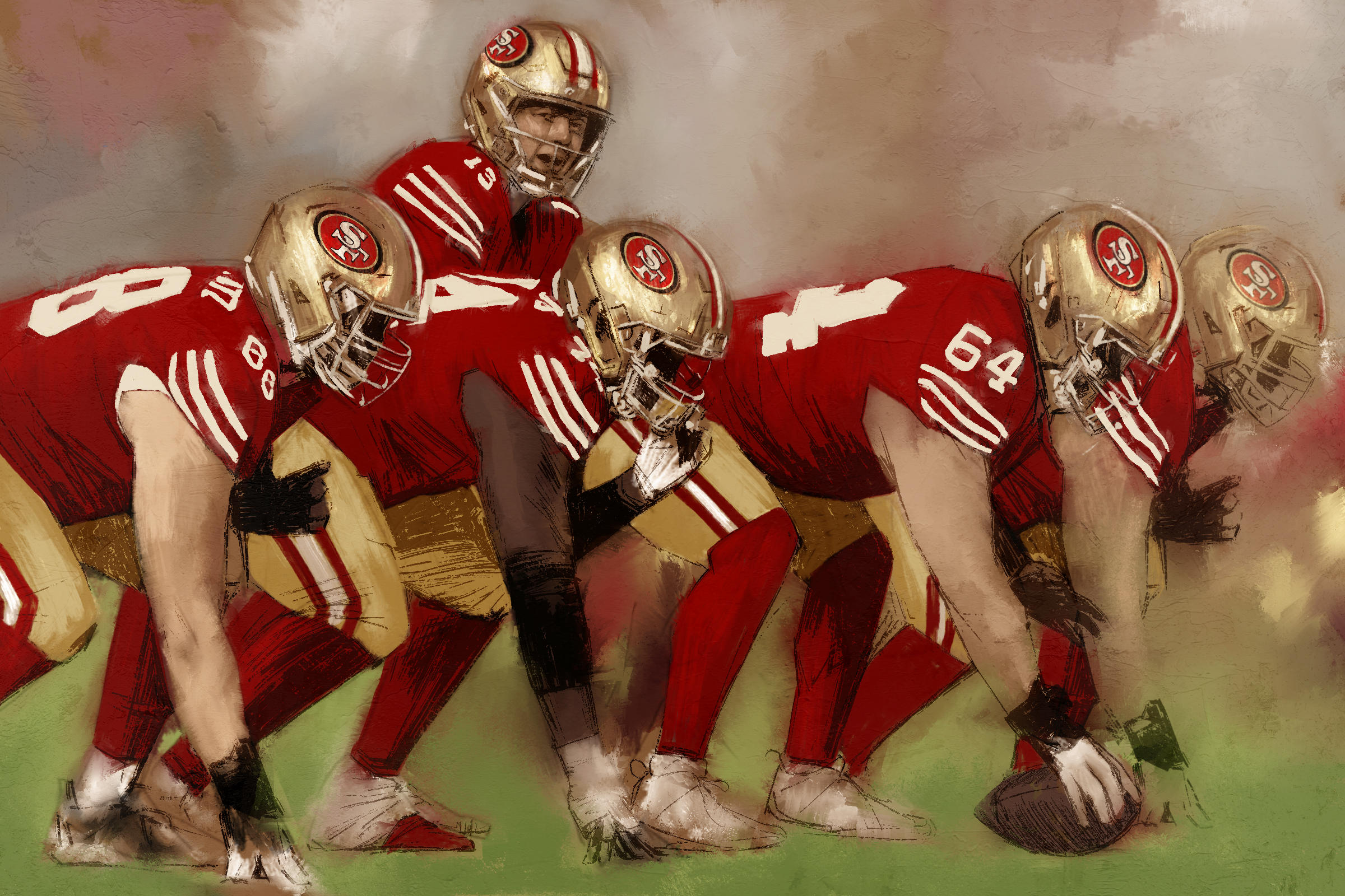 An illustration of men wearing red and gold uniforms playing football.