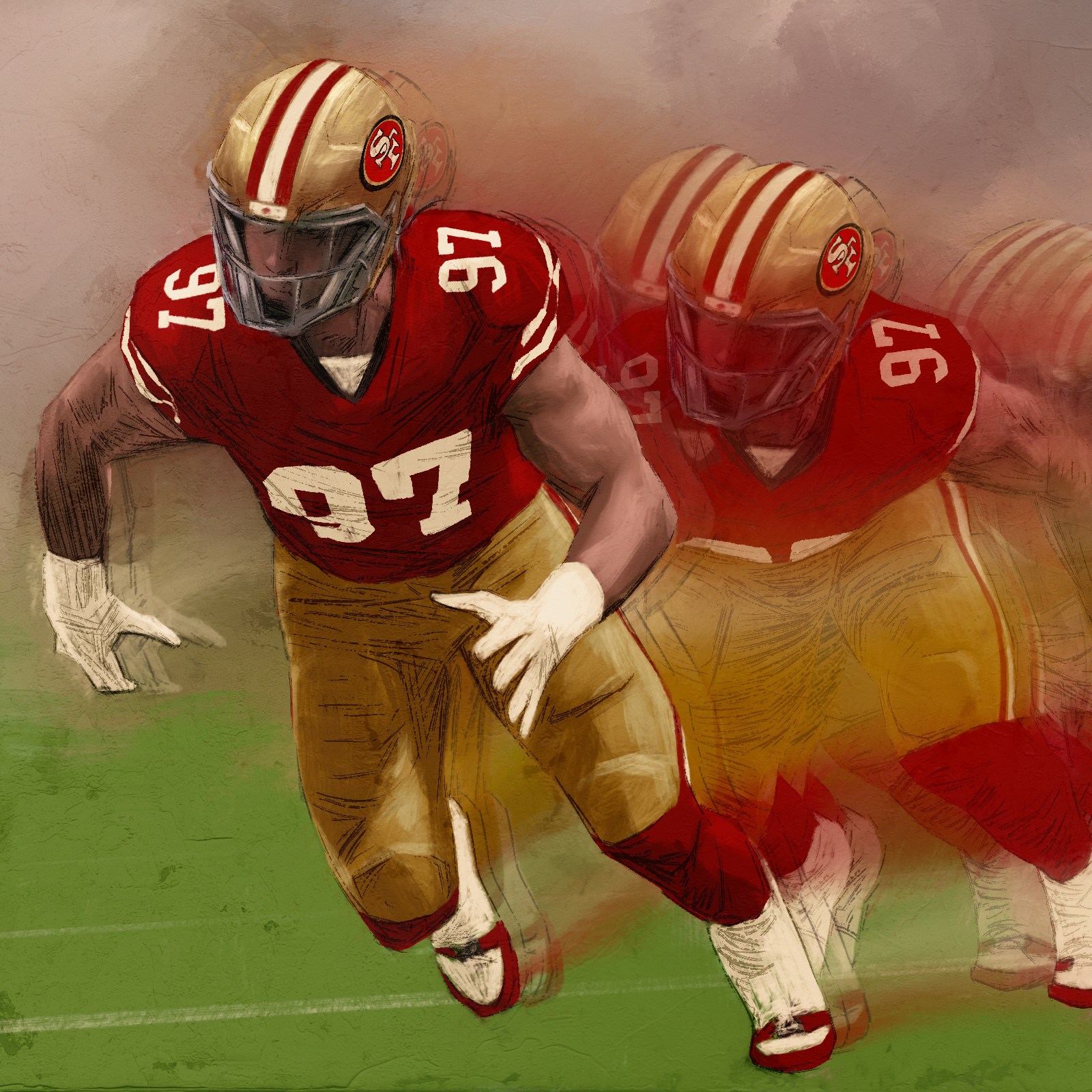 An illustration of a football player wearing red and gold.