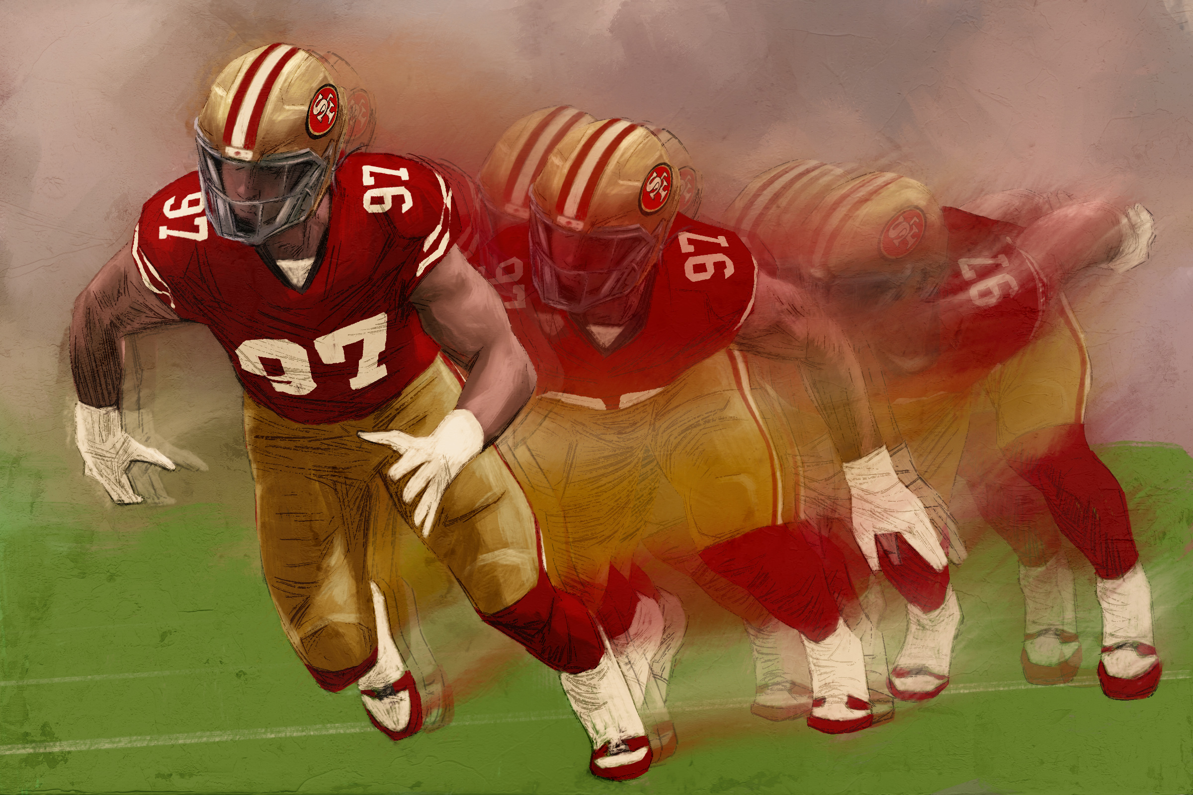 An illustration of a football player wearing red and gold.