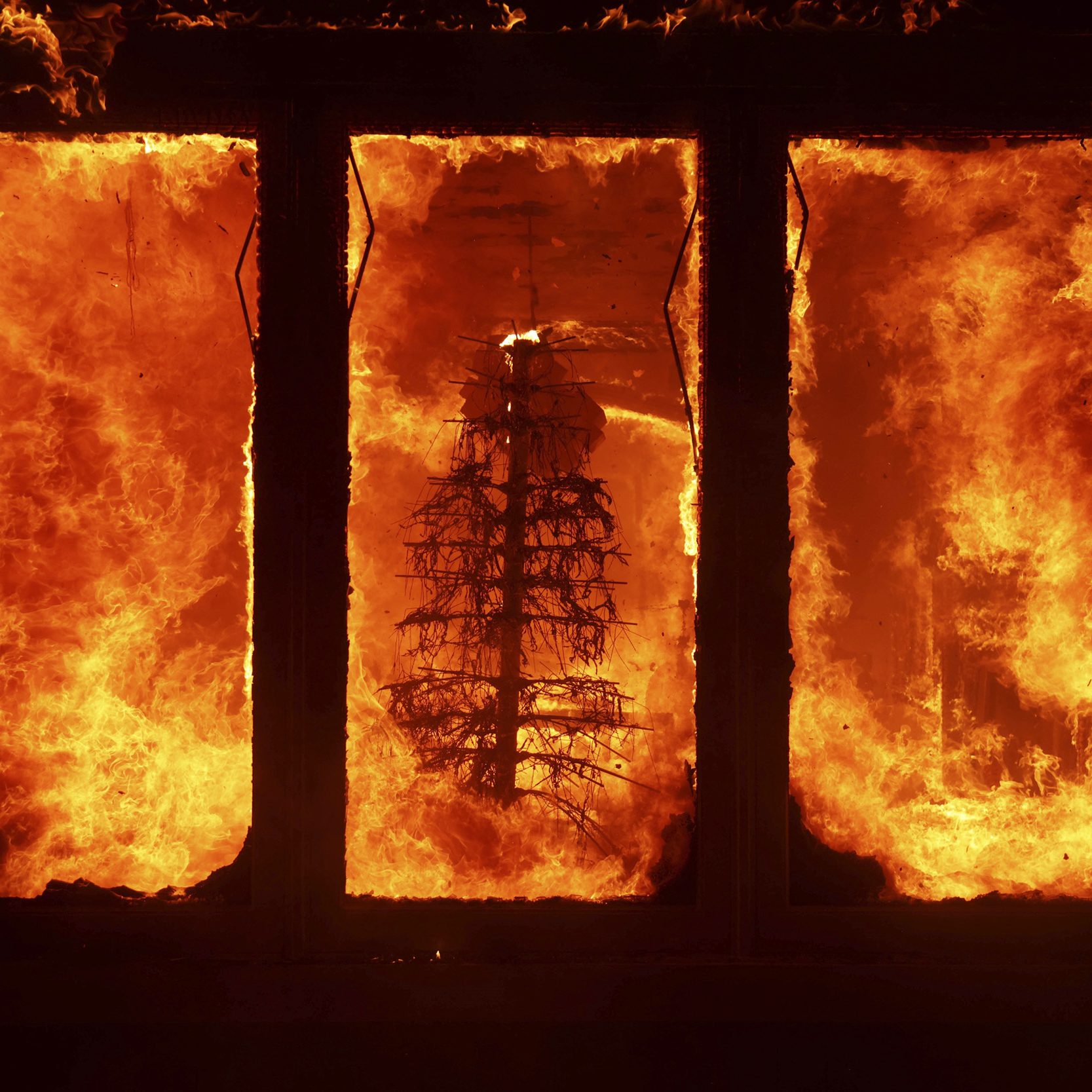 A fiery scene shows a tree skeleton engulfed in bright orange flames, framed by three window-like structures, creating a striking visual of intense fire.