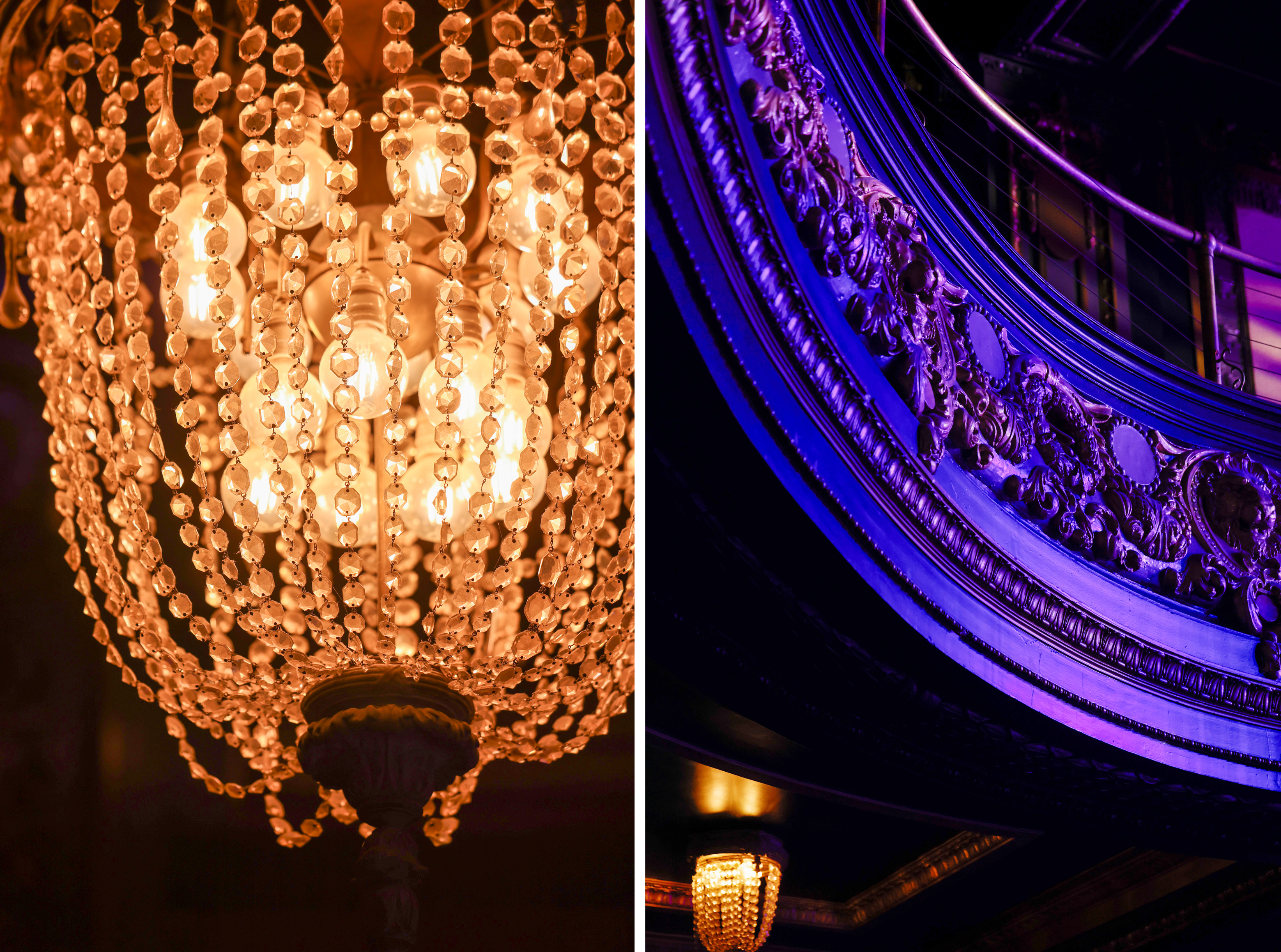 The image features a warm, glowing chandelier with crystal beads on the left, and an ornate, blue-lit architectural detail on the right with intricate patterns.