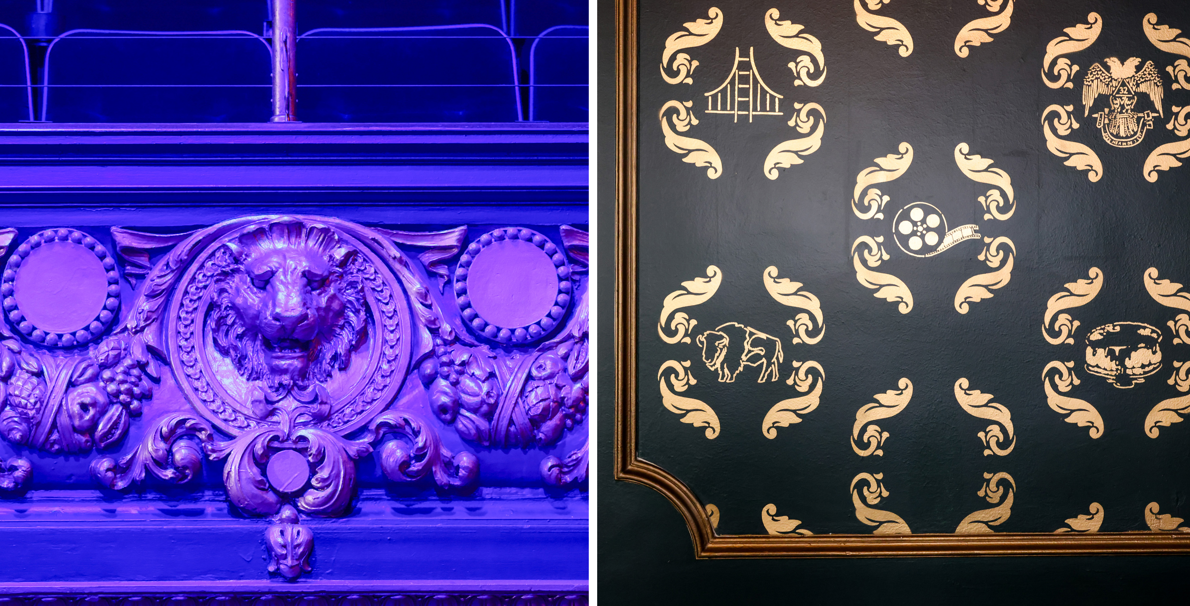 The image shows ornate designs: a lion in a purple-lit relief on the left, and gold patterns with symbols like a bridge and film reel on a dark background on the right.