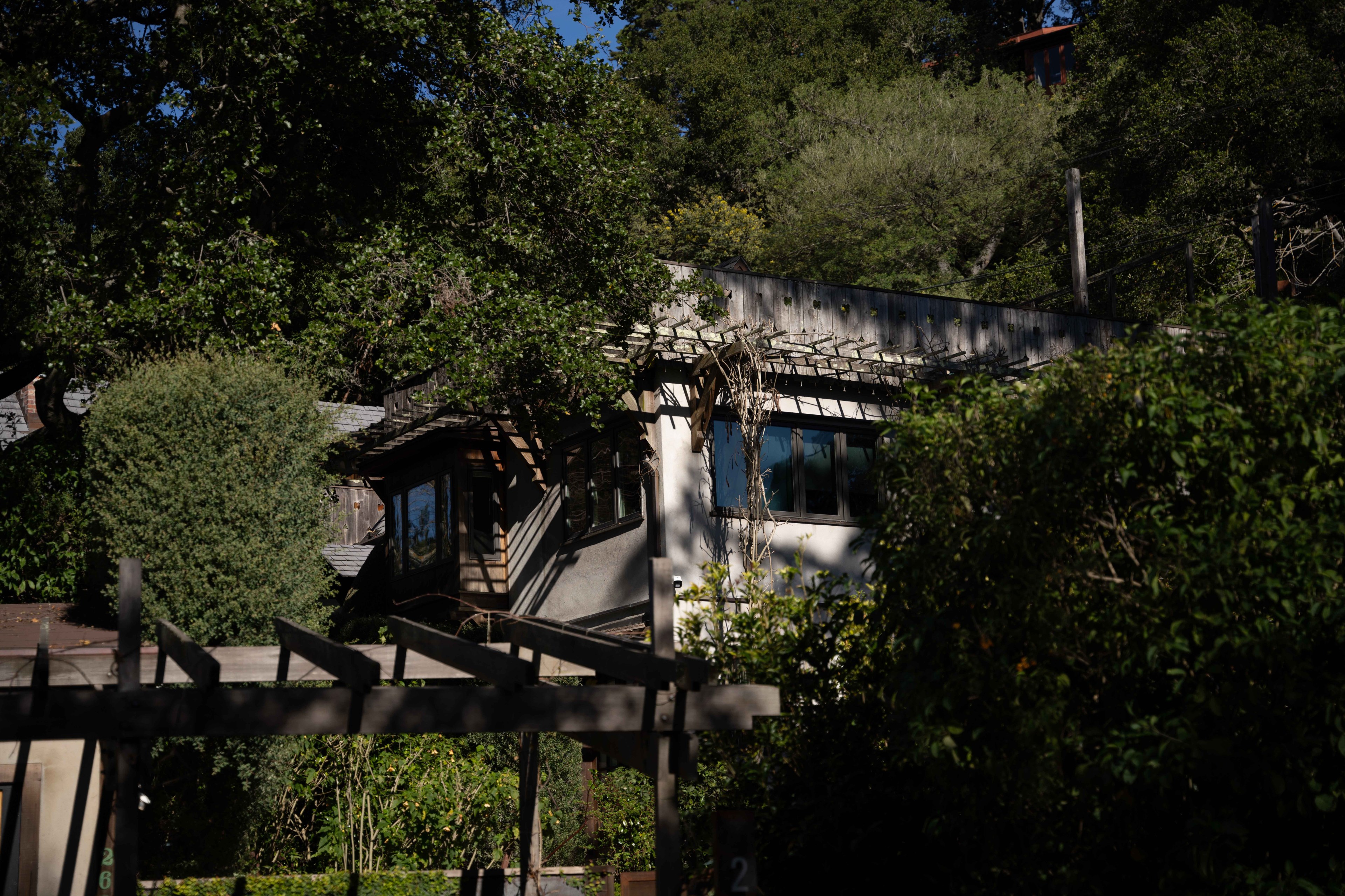 The image shows a house partially obscured by lush greenery and trees. A wooden pergola is in the foreground, with sunlight casting shadows across the scene.