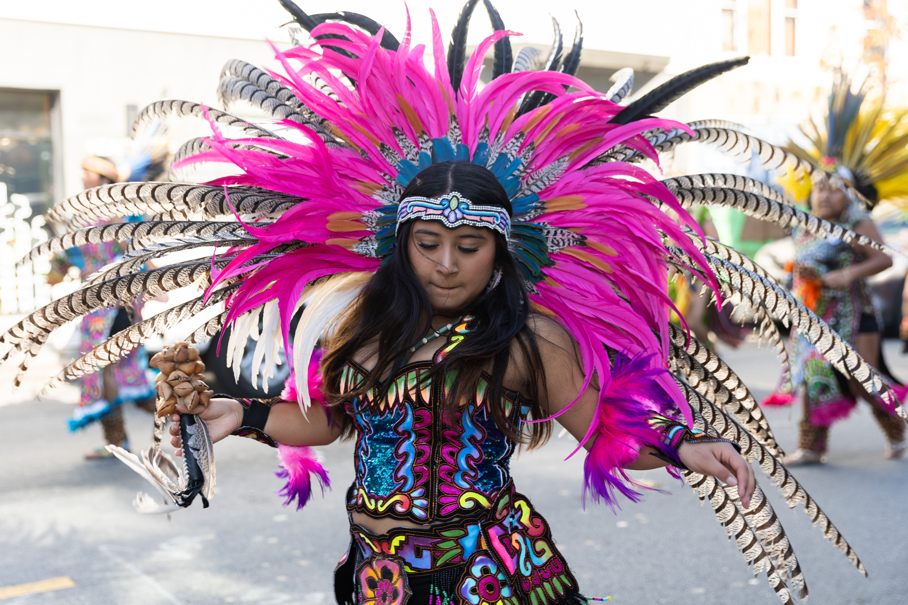 A woman dances in a vibrant costume adorned with pink and brown feathers. She holds a rattle and wears a colorful headdress during a cultural street parade.