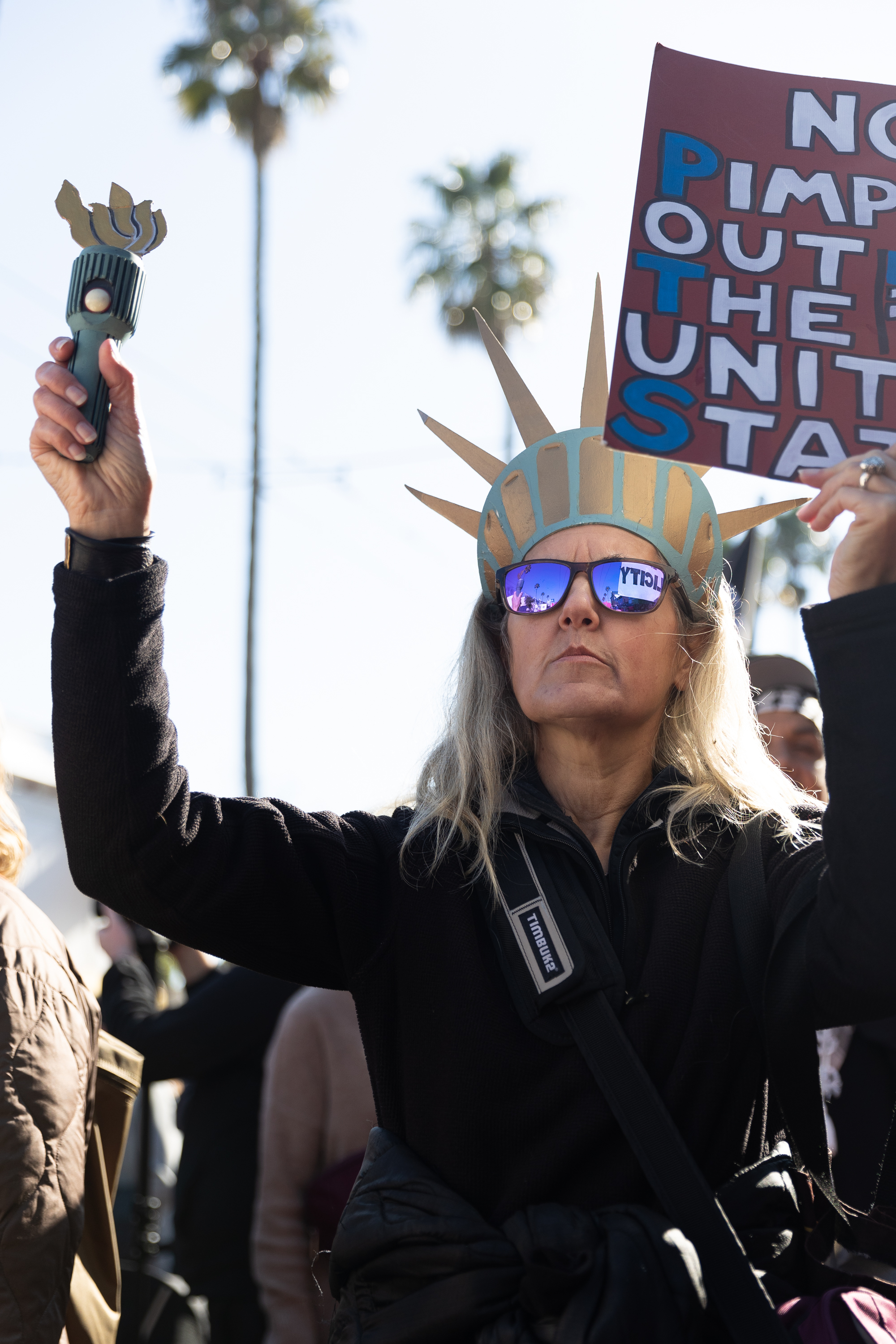 A woman wears a Statue of Liberty crown and sunglasses, holds a small torch, and a protest sign. Palms and blue sky are in the background.