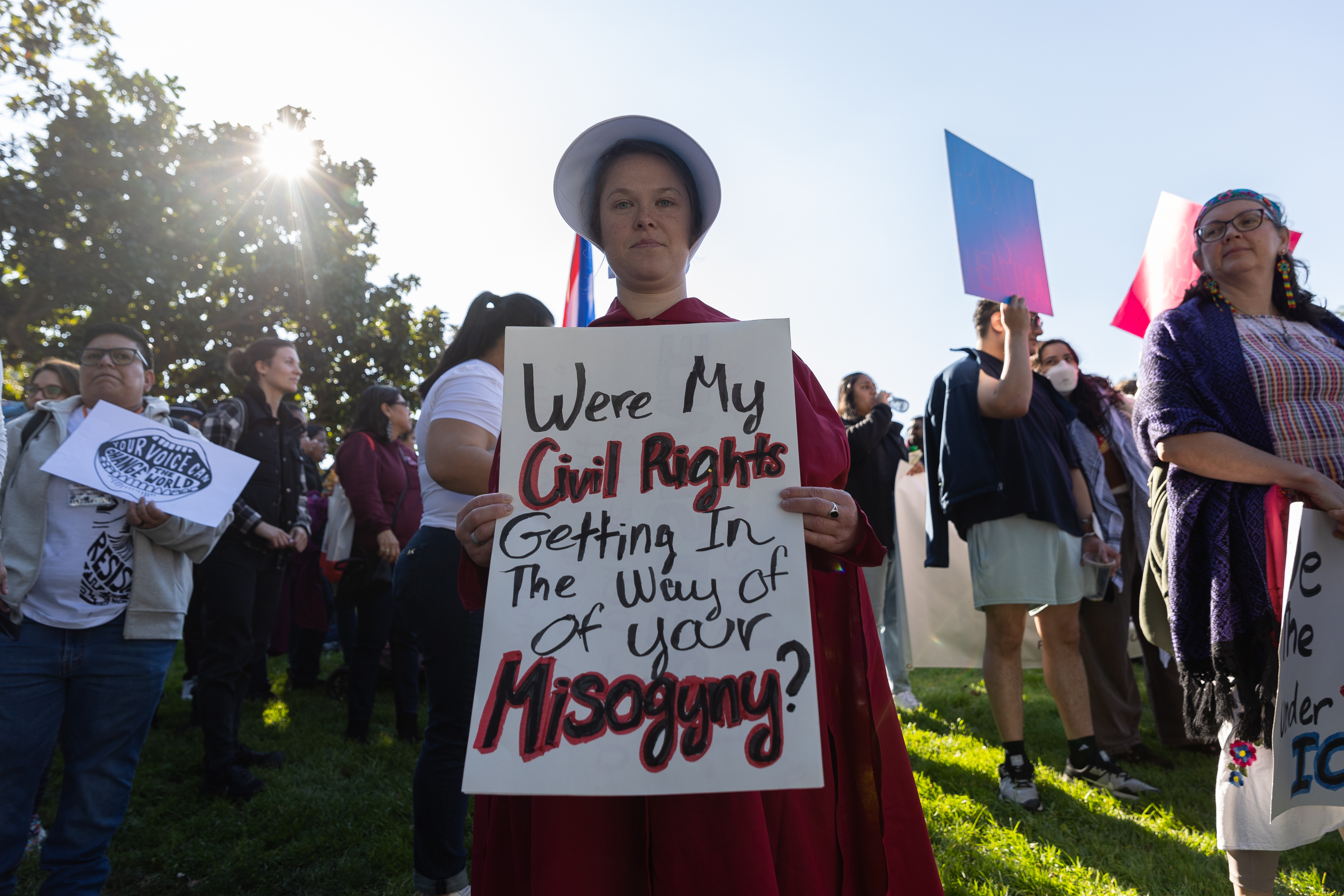 A person in a red outfit holds a sign reading, &quot;Were My Civil Rights Getting In The Way of Your Misogyny?&quot; Others stand around holding various signs.