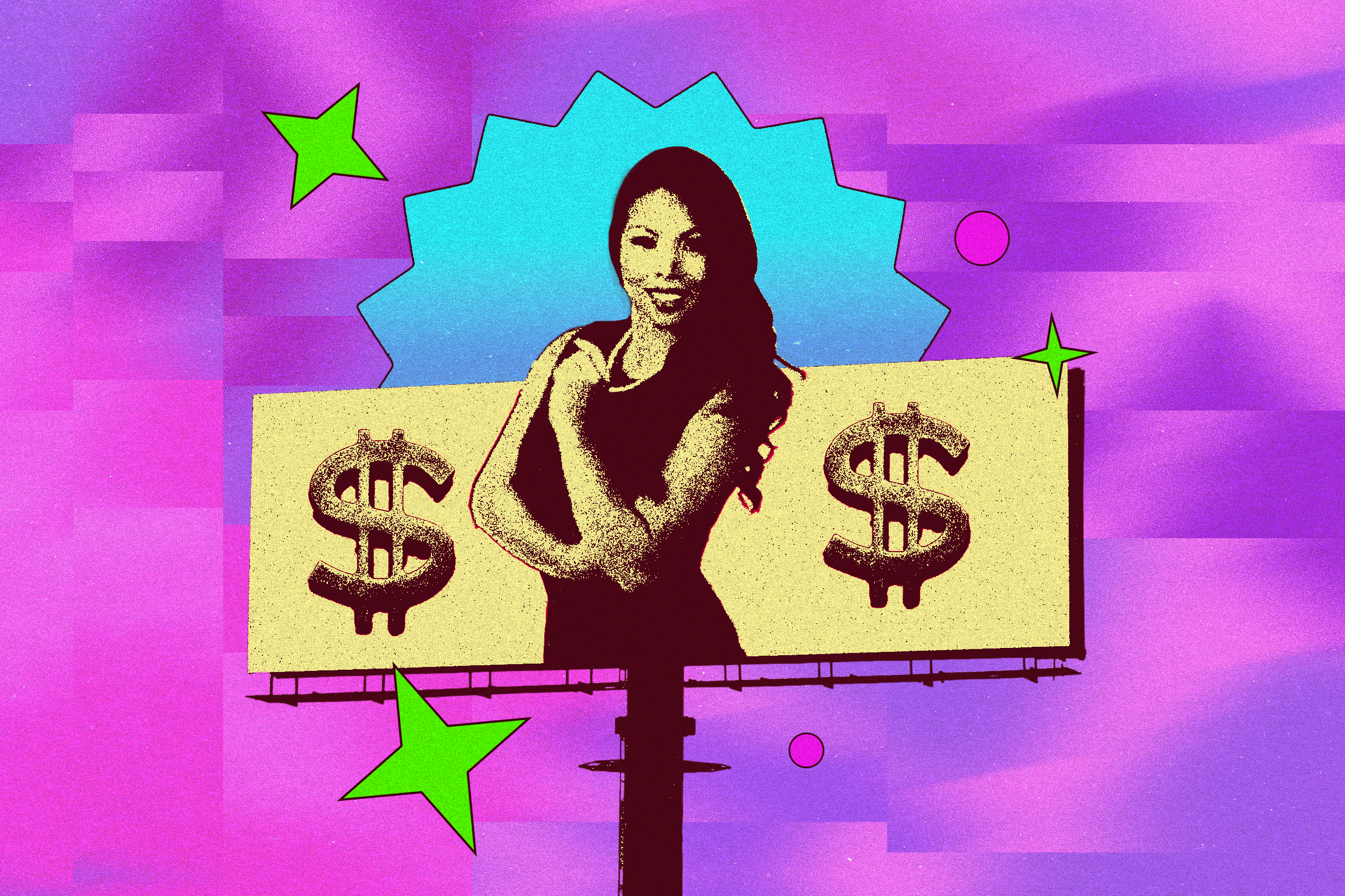 A photo illustration depicting a woman with long hair on a billboard.