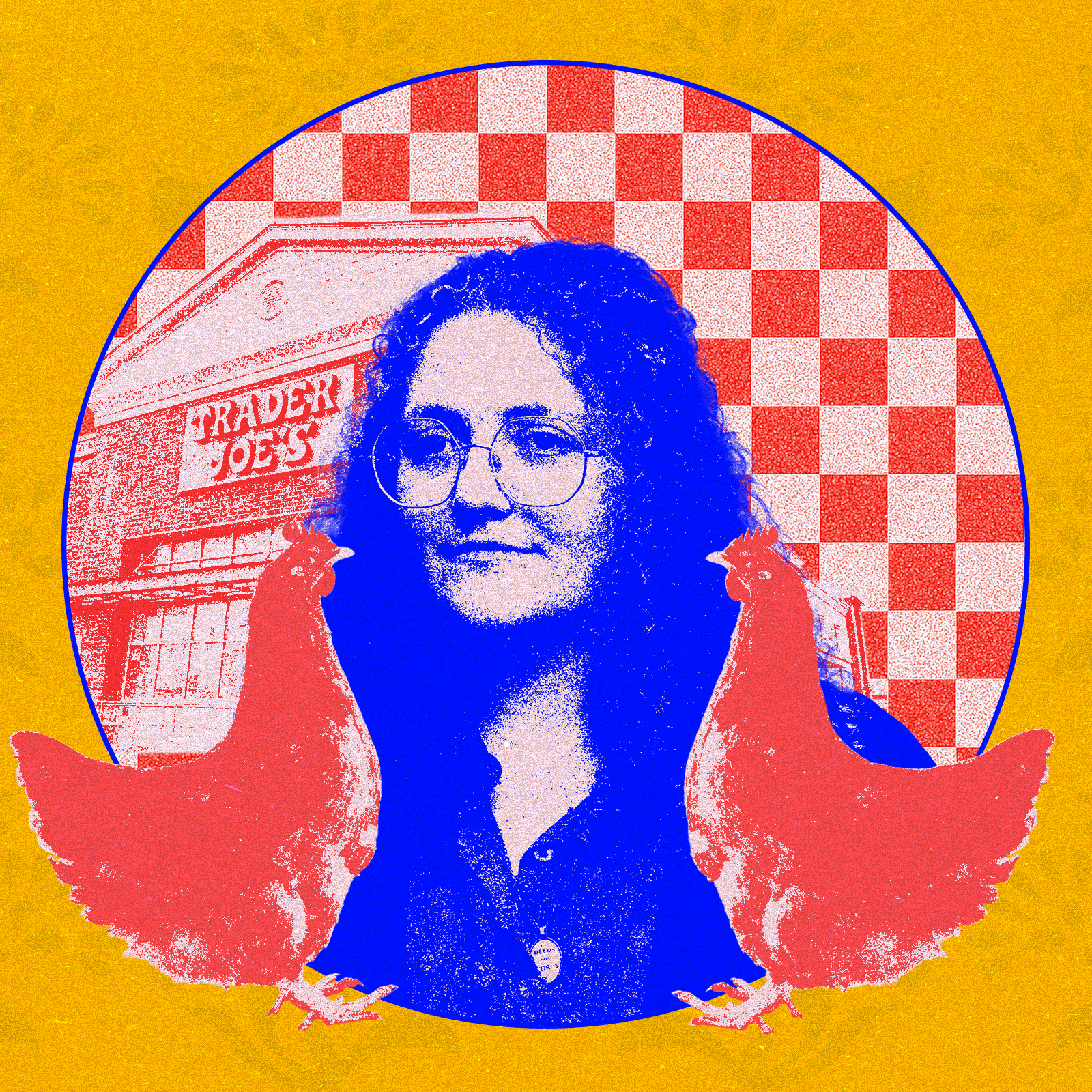 A photo illustration of a woman with 2 chickens.