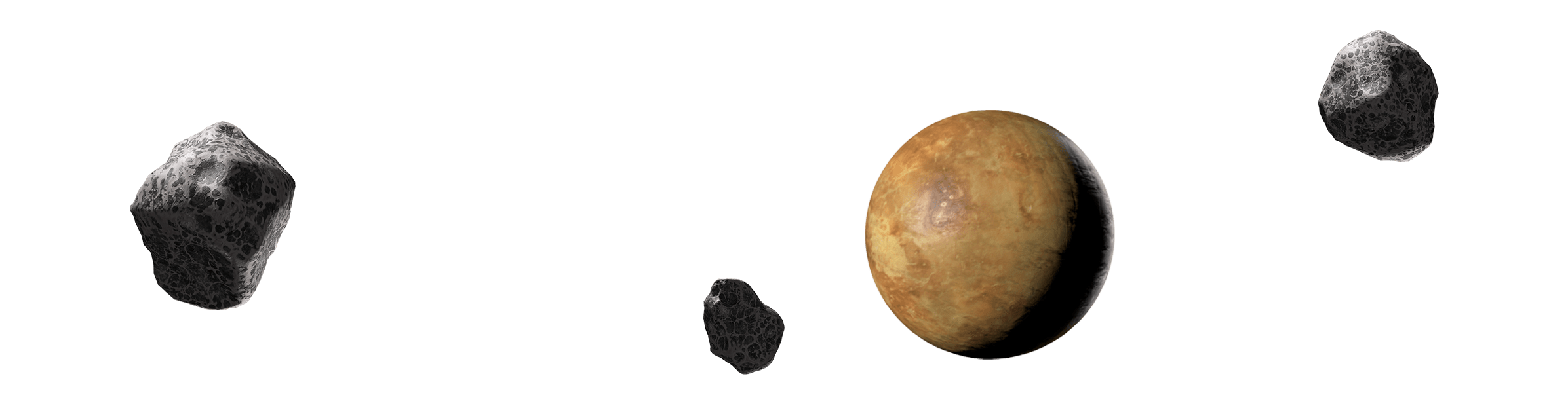 A central, brownish, cratered planet is surrounded by four irregular, dark gray asteroids against a black background.