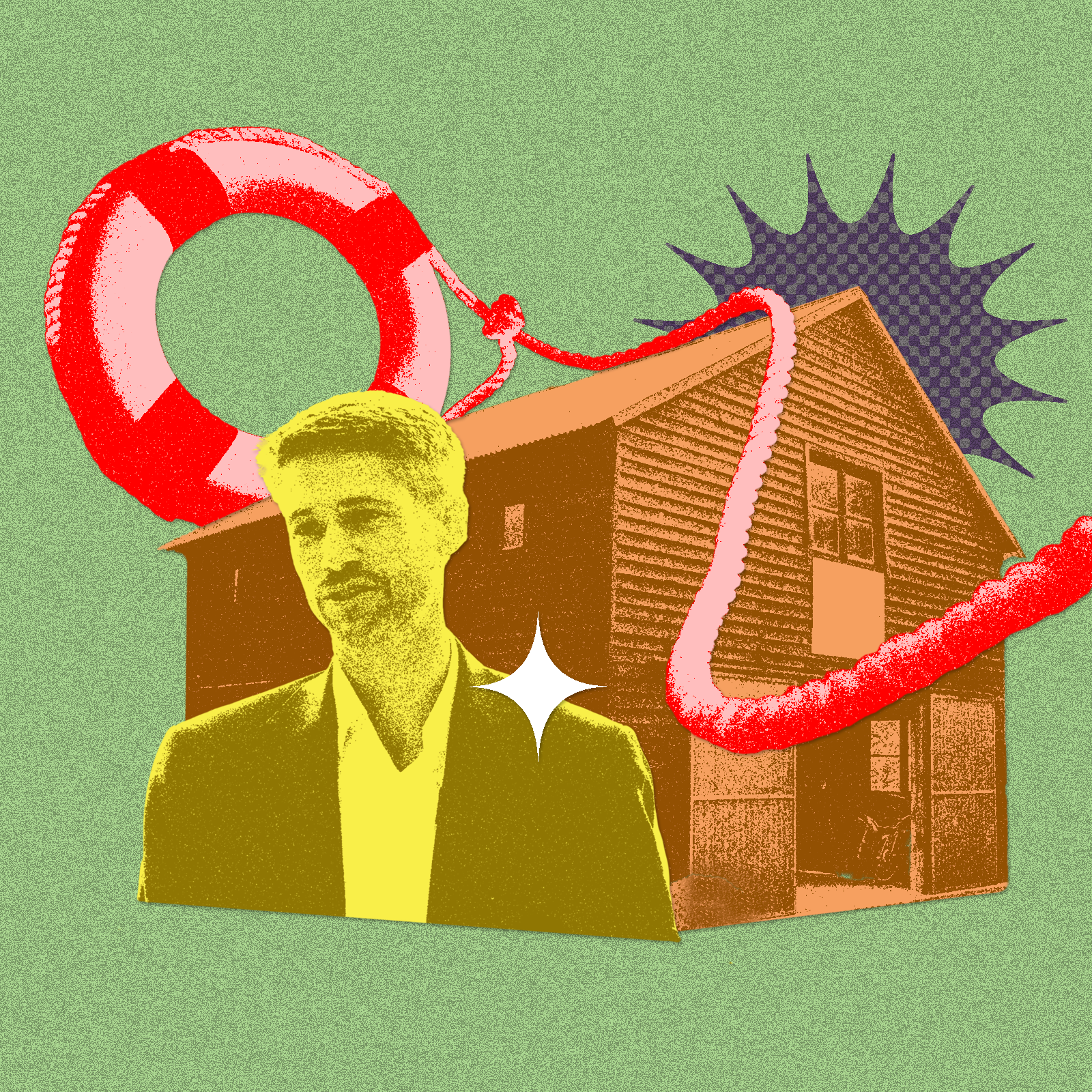 A photo illustration of a man and a house.