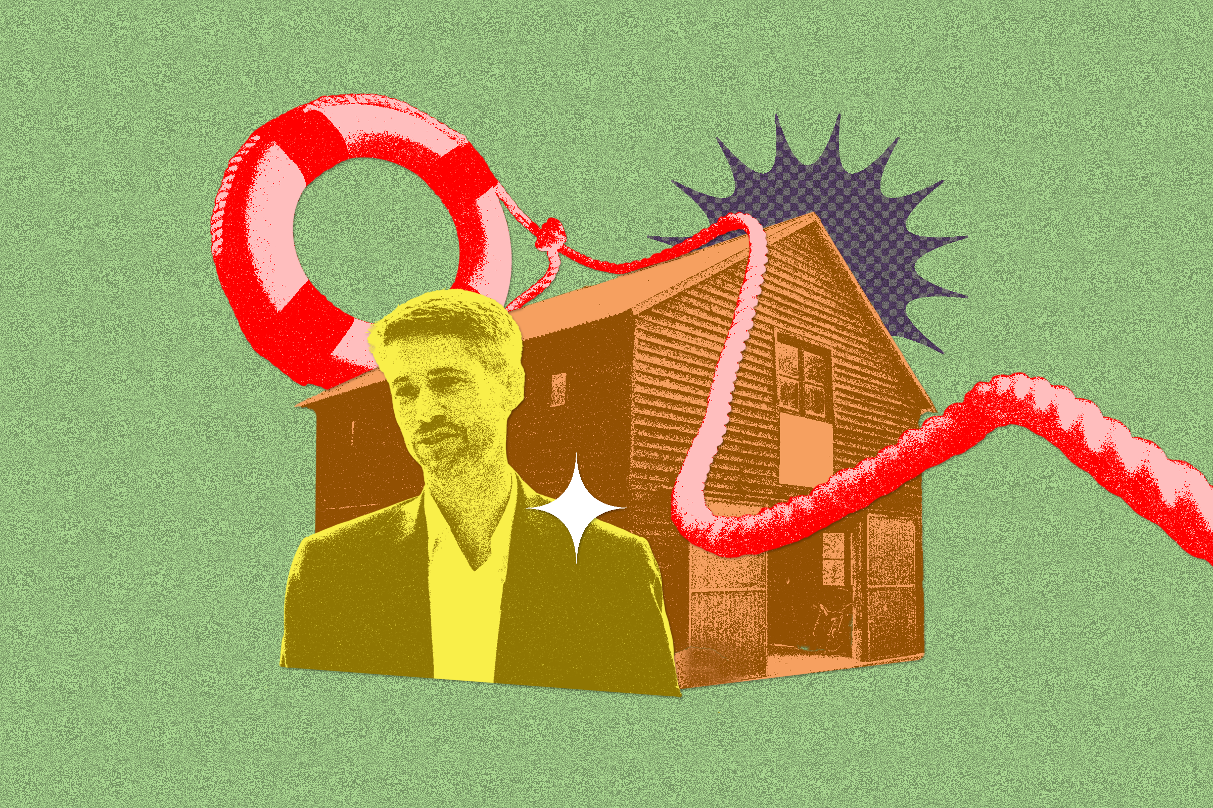 A photo illustration of a man and a house.