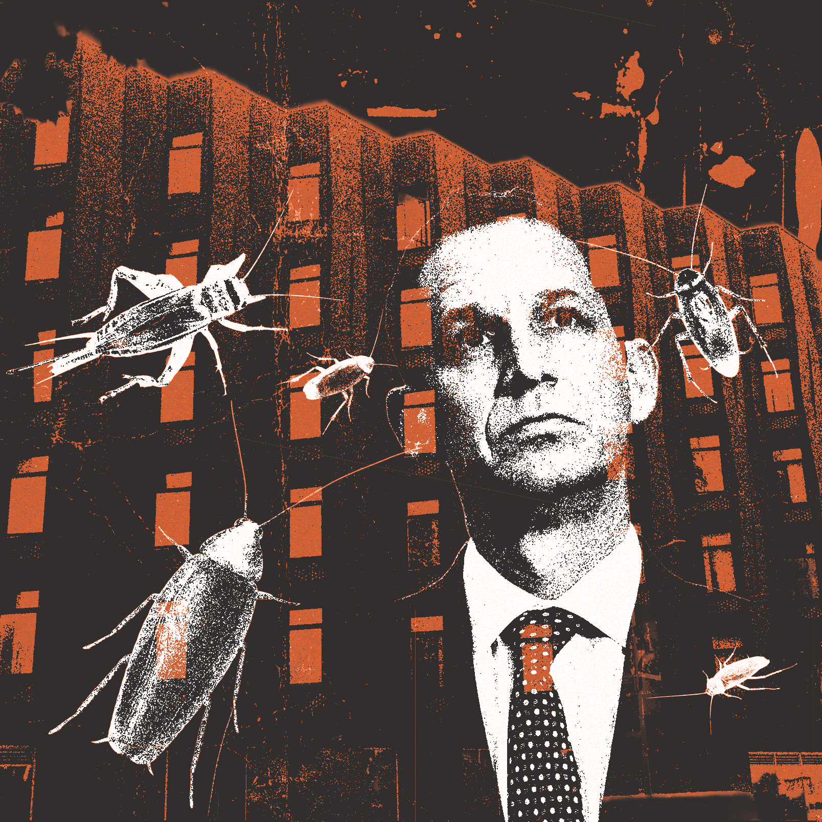 A photo illustration depicting a man's face against a building.