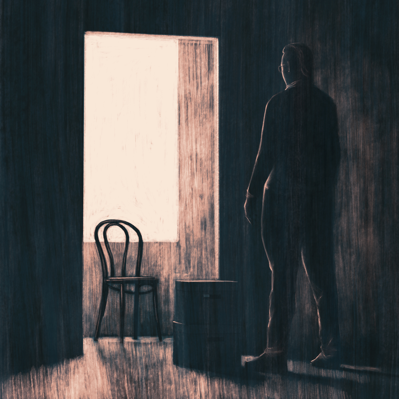 An illustration of a person in shadow standing next to a door.