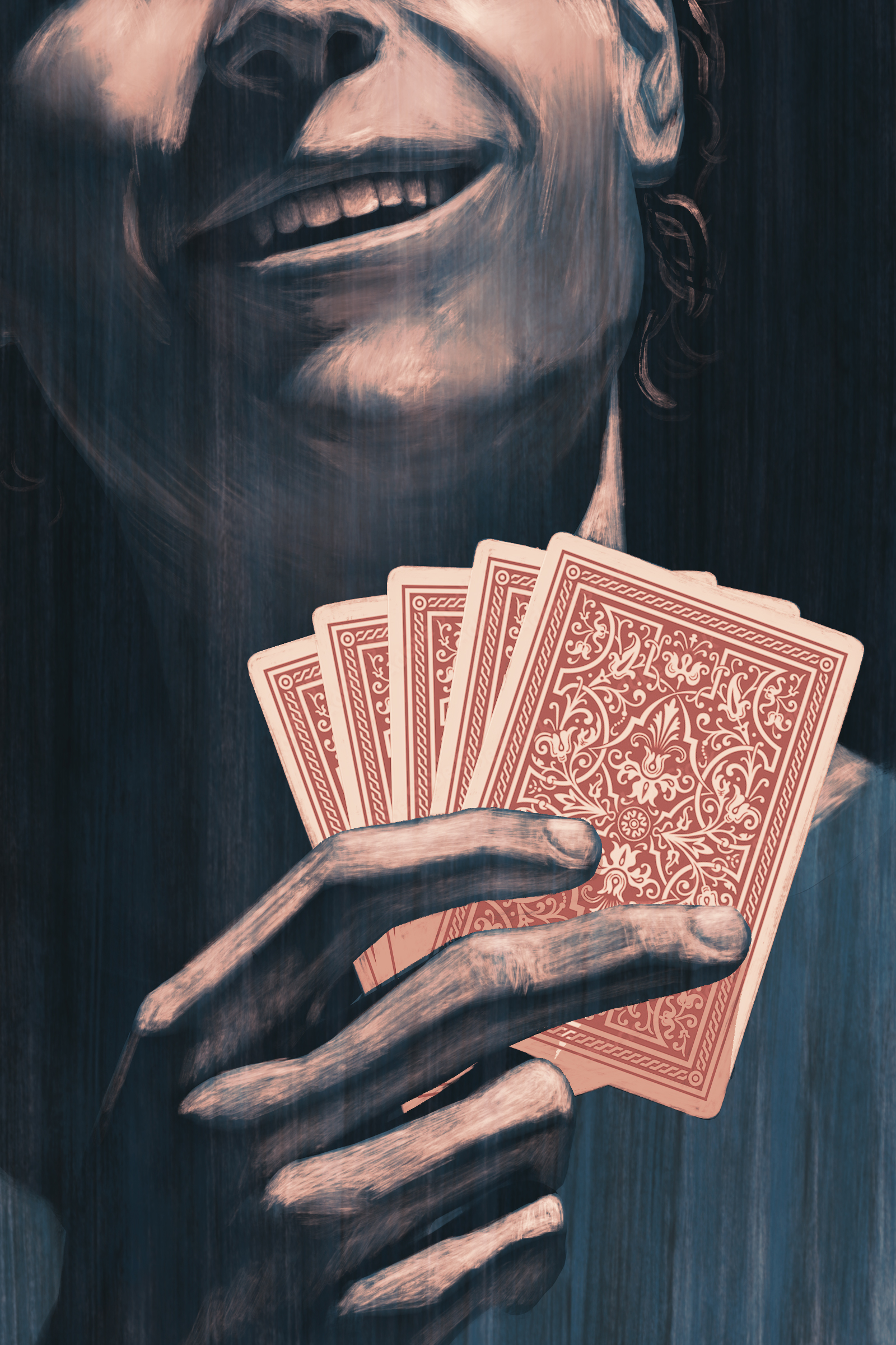 A closeup illustration of a person playing cards.