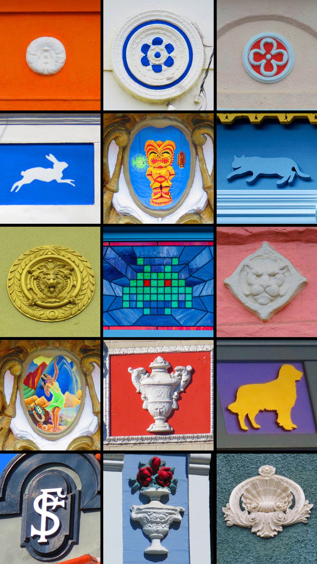 The image shows a grid of colorful reliefs and carvings, featuring animals, flowers, patterns, and a Space Invader. Each square has a distinct design and color.