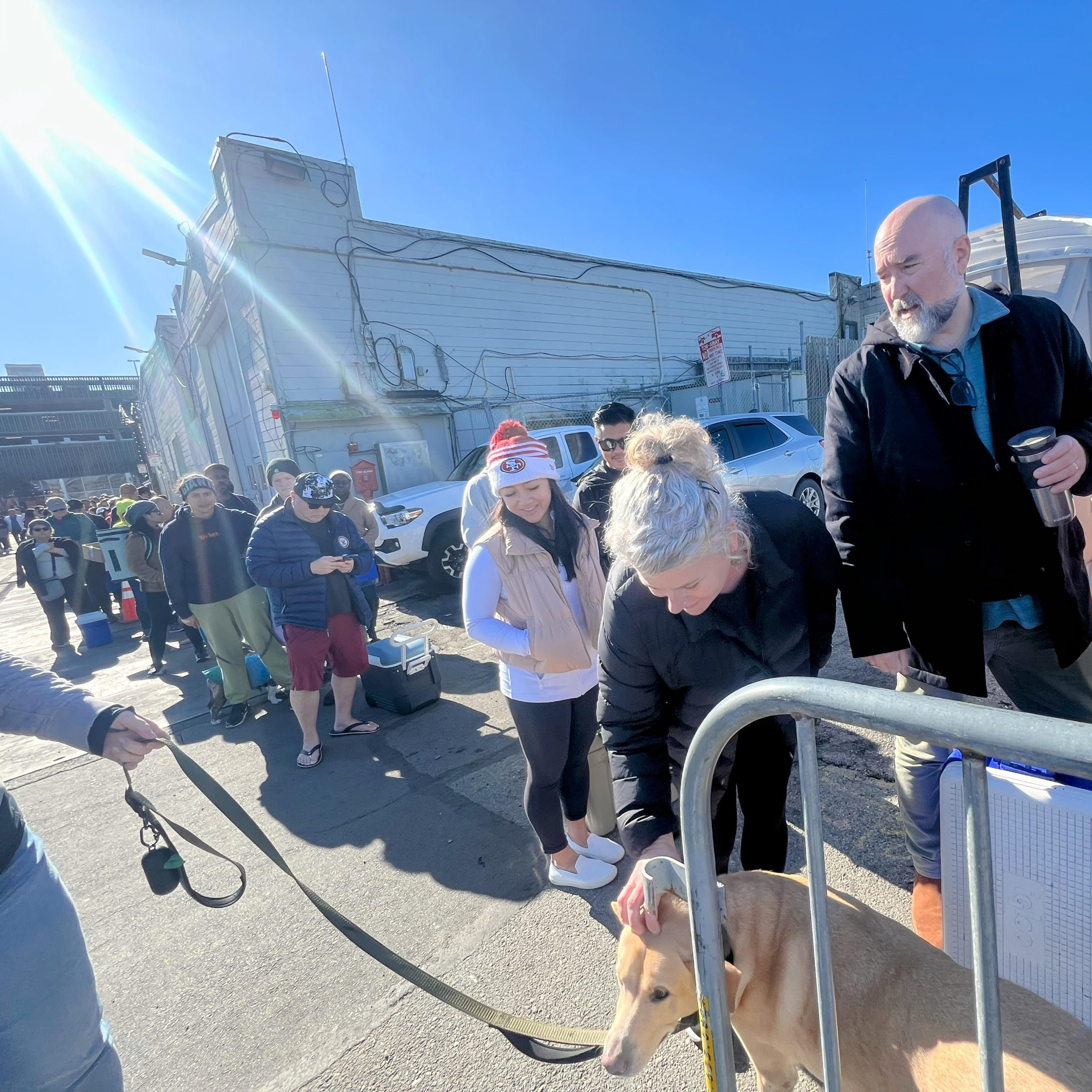 A group of people is waiting in a line outdoors under a bright blue sky. One person bends down to pet a dog. Others hold cups and wear casual winter clothing.