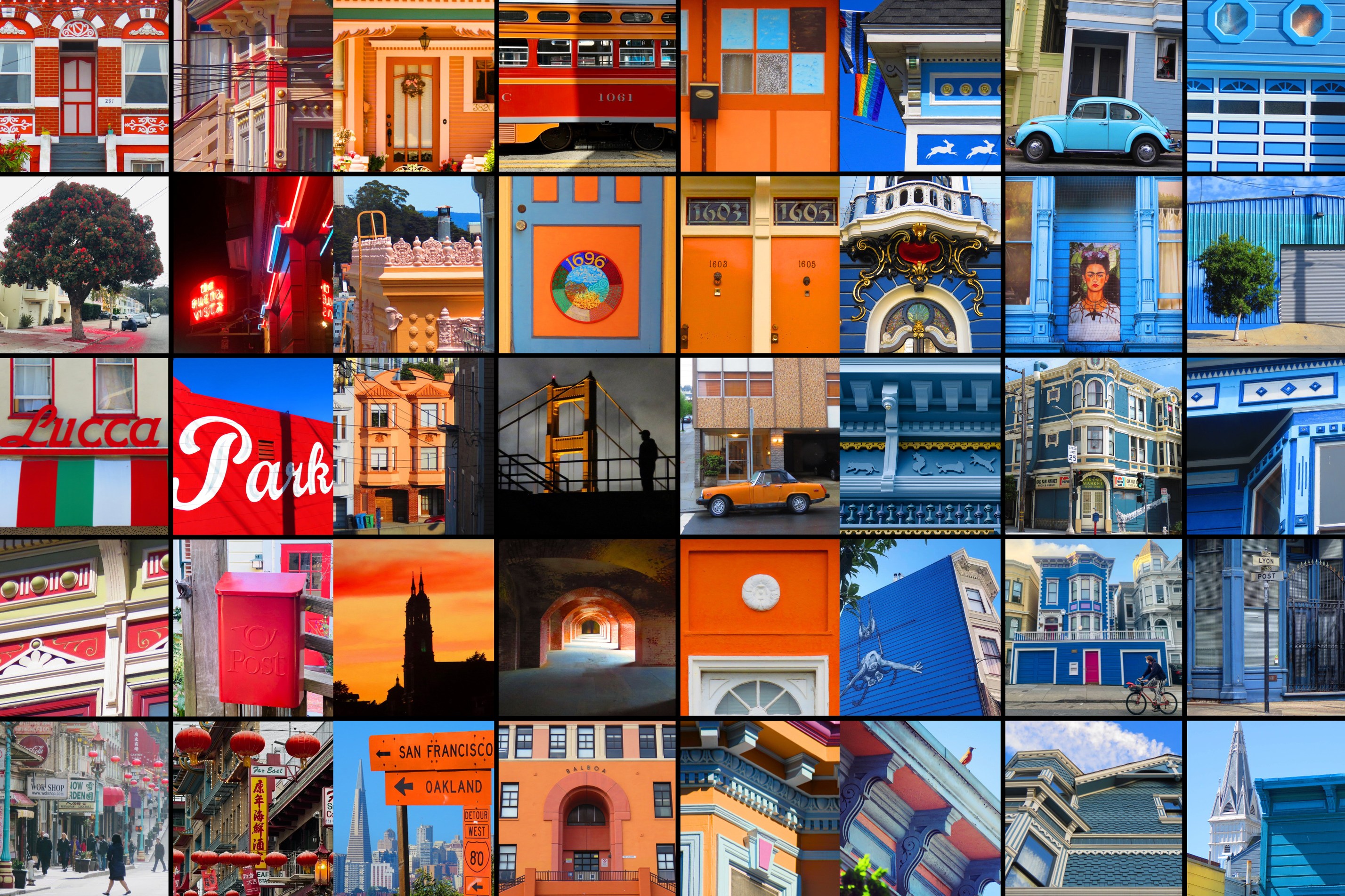 The image is a colorful collage of San Francisco's architecture and street scenes, featuring vivid reds, blues, oranges, and iconic city motifs.