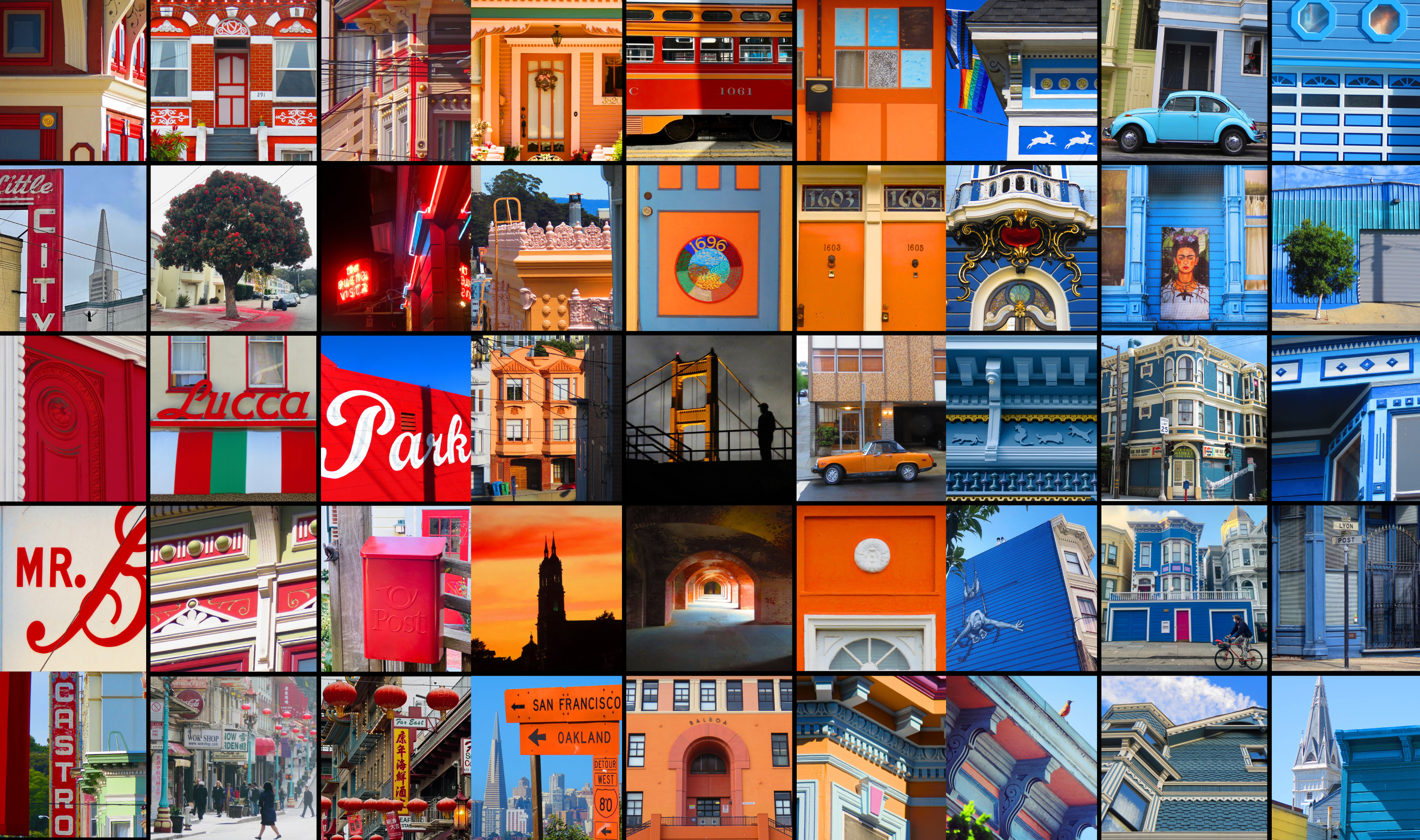 The image is a colorful collage of San Francisco's architecture and street scenes, featuring vivid reds, blues, oranges, and iconic city motifs.