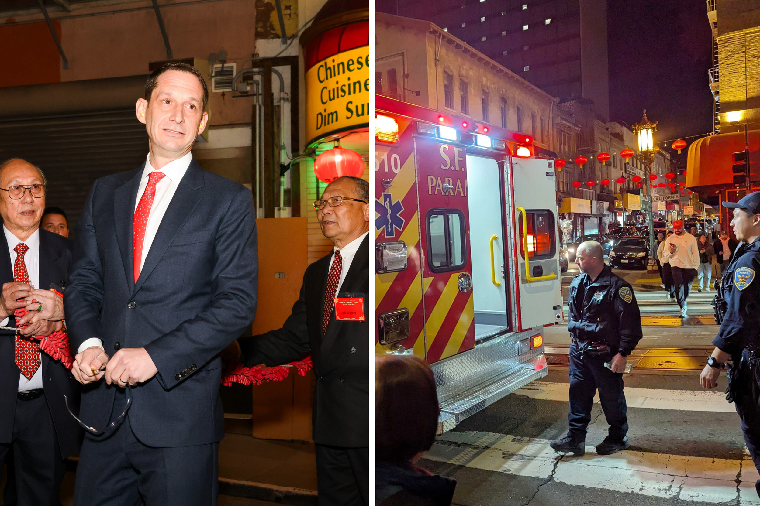 On the left, people in suits participate in a ribbon-cutting ceremony outside a Chinese restaurant. On the right, police and an ambulance are on a busy, lantern-lit street.