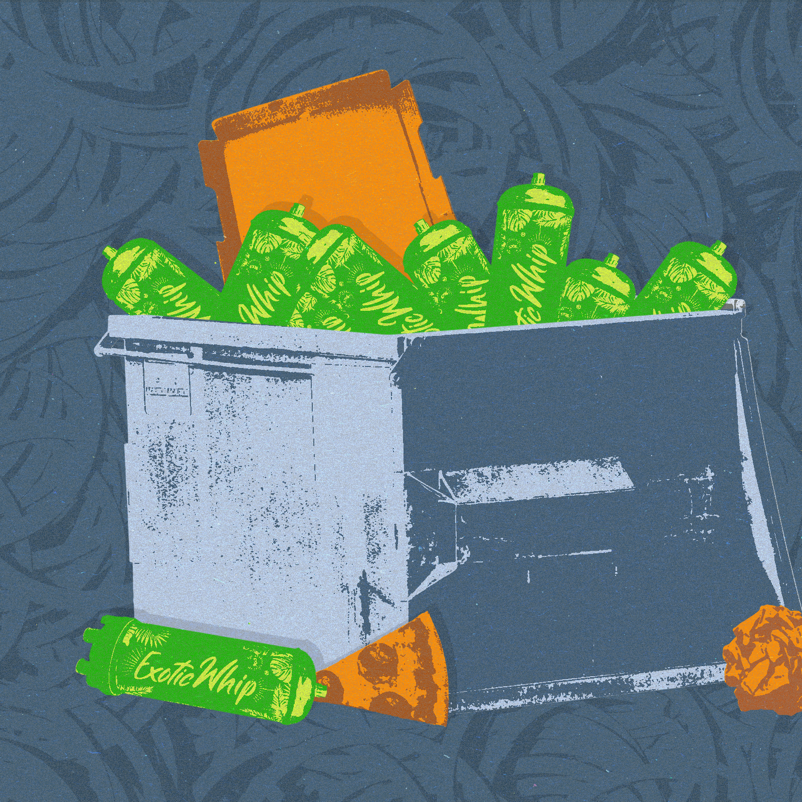 A photo illustration of cool whip canisters in a trashcan