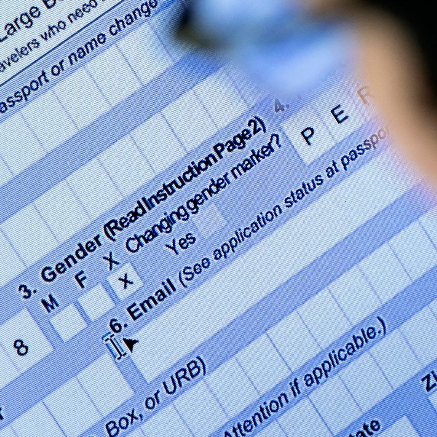 The image shows a close-up of a digital form on a screen, highlighting sections for gender, email, and personal details. A person is looking at the screen.