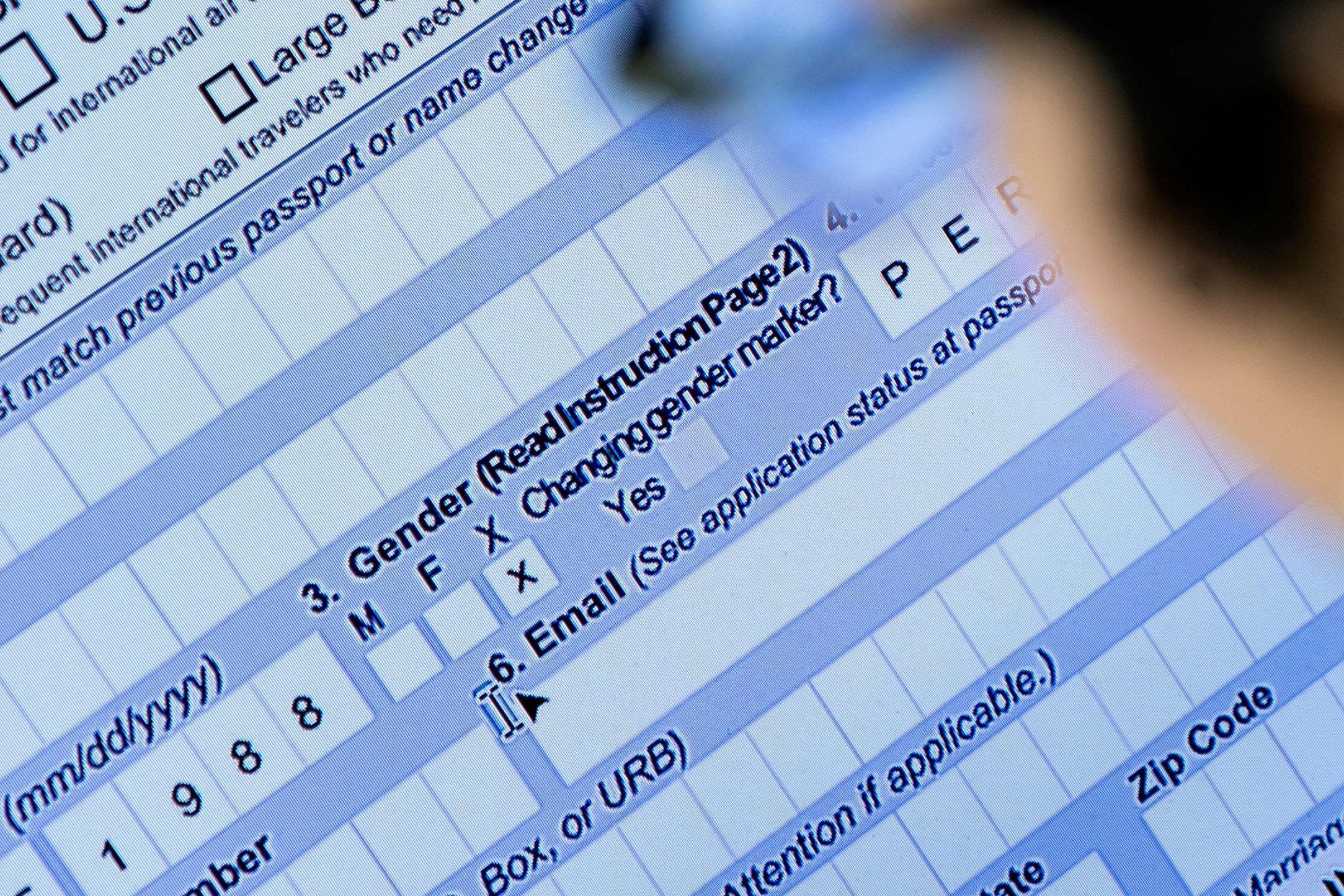 The image shows a close-up of a digital form on a screen, highlighting sections for gender, email, and personal details. A person is looking at the screen.