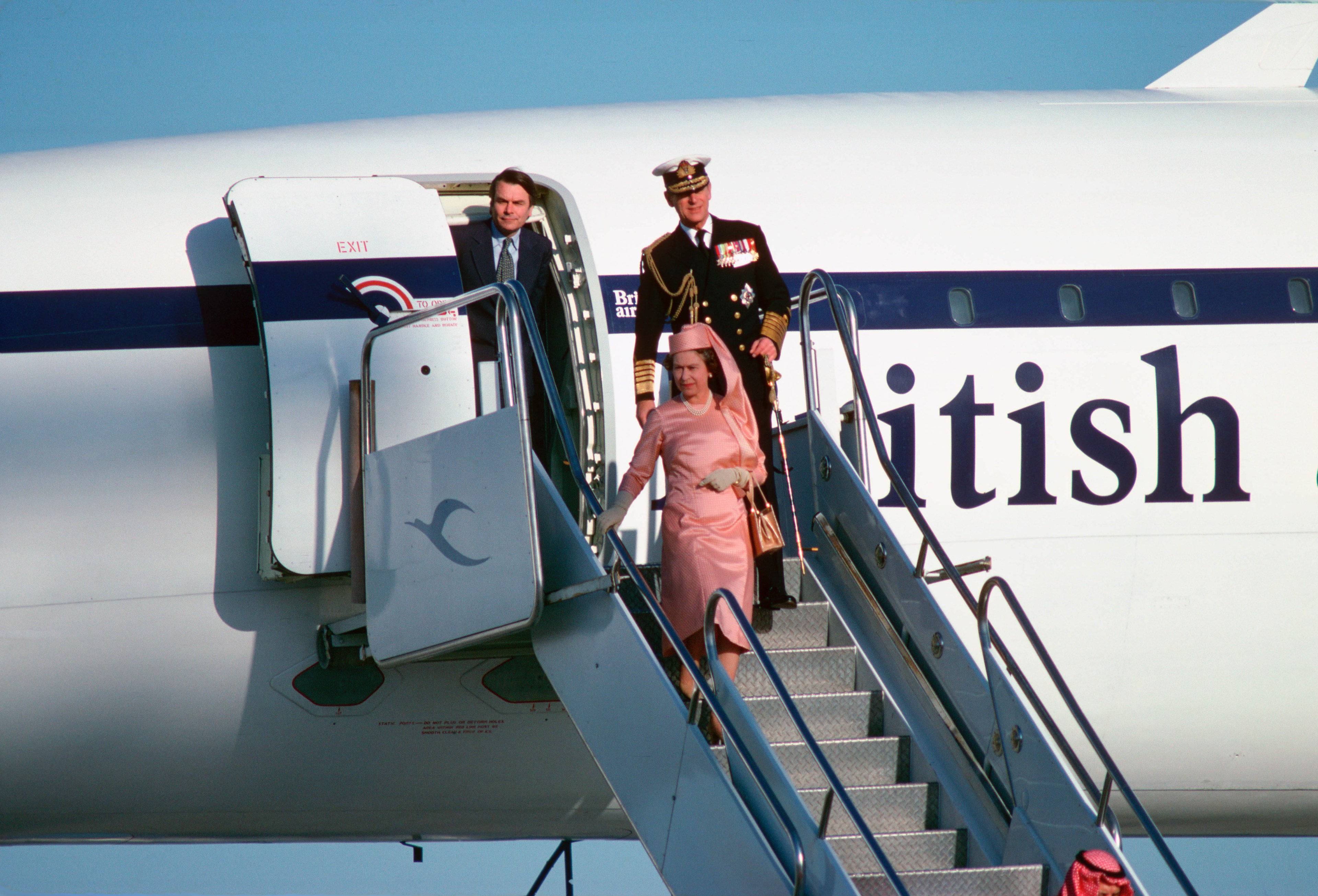 The queen descends the Concorde's ramp