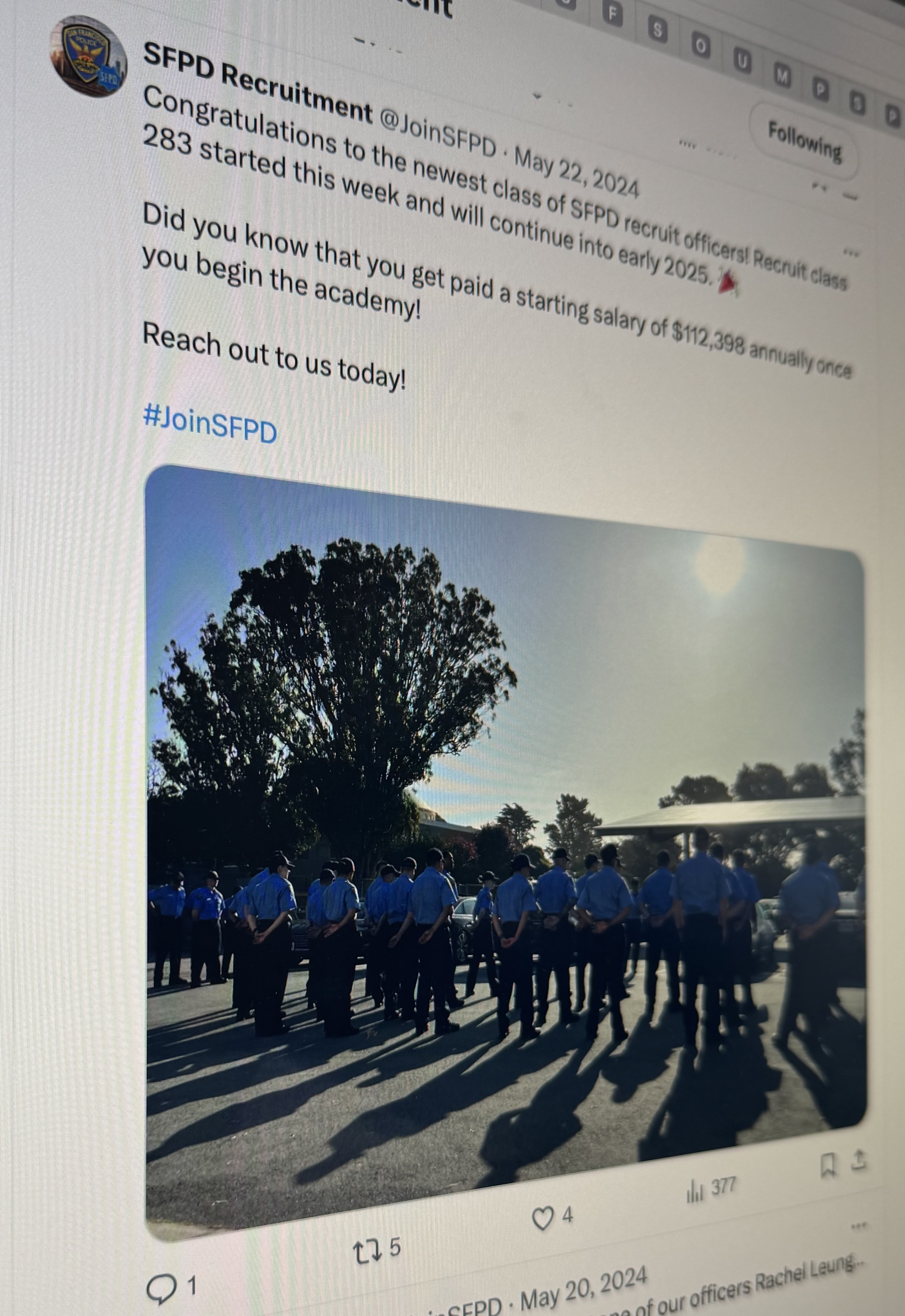 Photo of a tweet on May 22, 2024 with an image of the 40-person San Francisco Police Academy class 283 that graduated on Jan. 6 with only 12 people left.