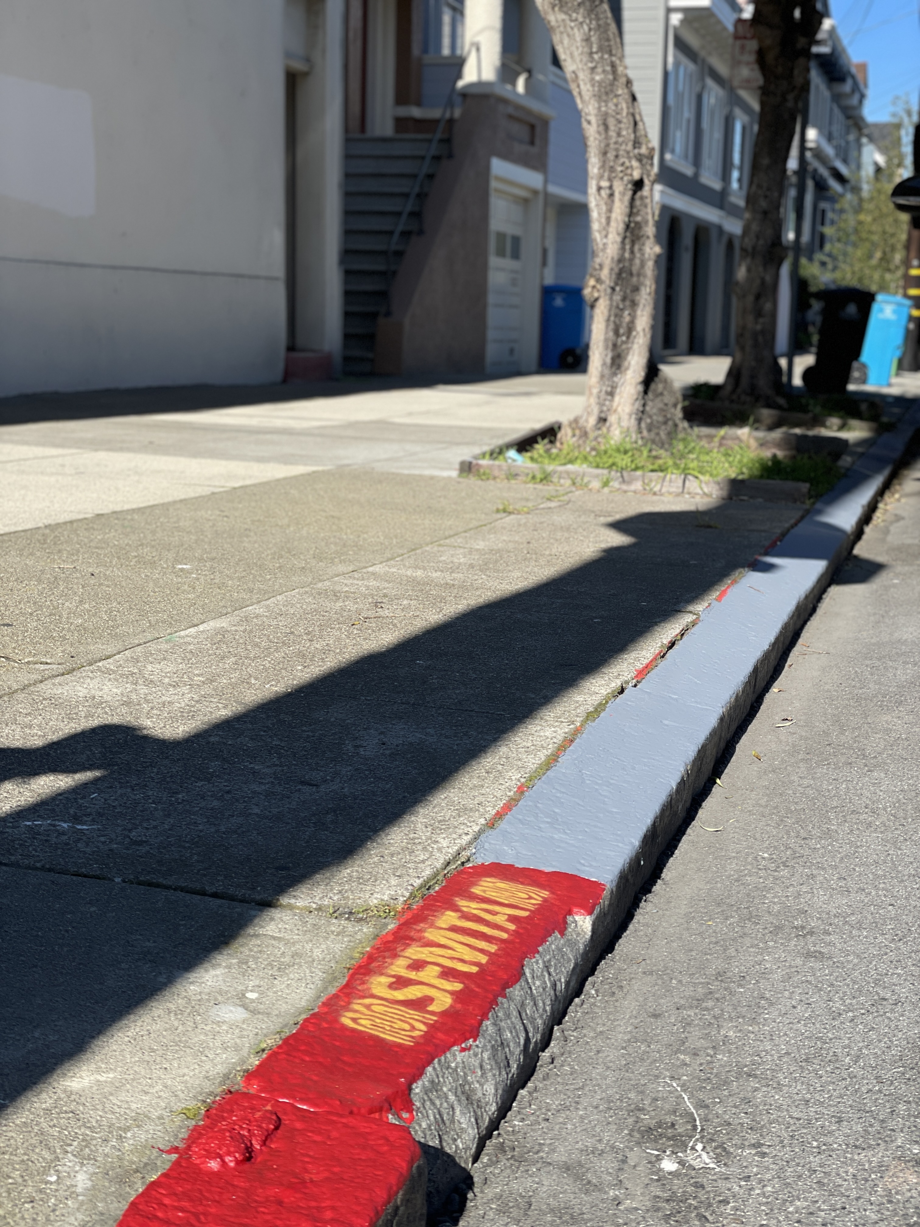 A city sidewalk with a red-painted curb labeled &quot;SFMTA.&quot; Trees line the sidewalk in front of residential buildings, with shadows cast across the pavement.