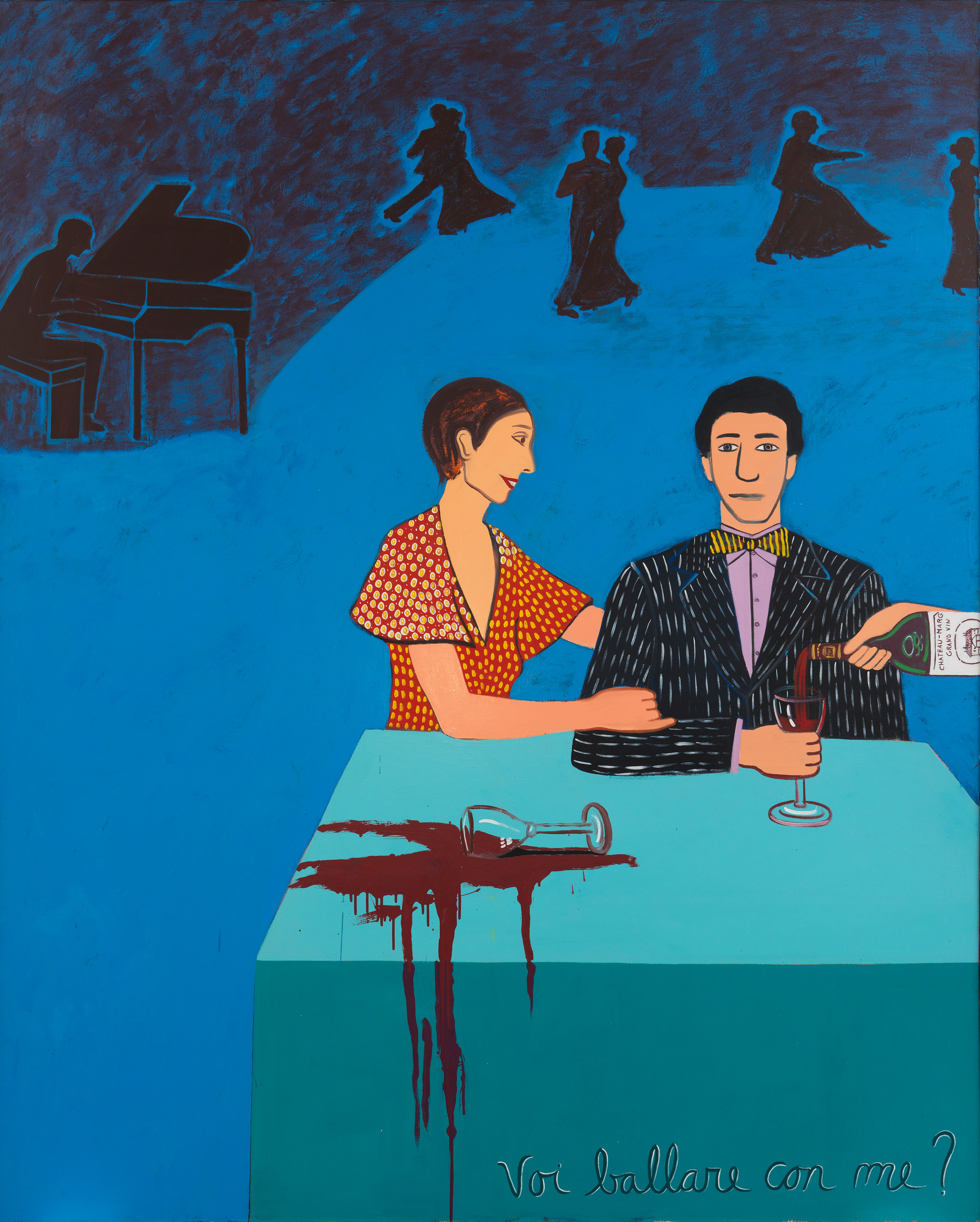 A couple sits at a table, with wine spilling dramatically over the edge. Silhouetted figures dance and a pianist plays in the background.