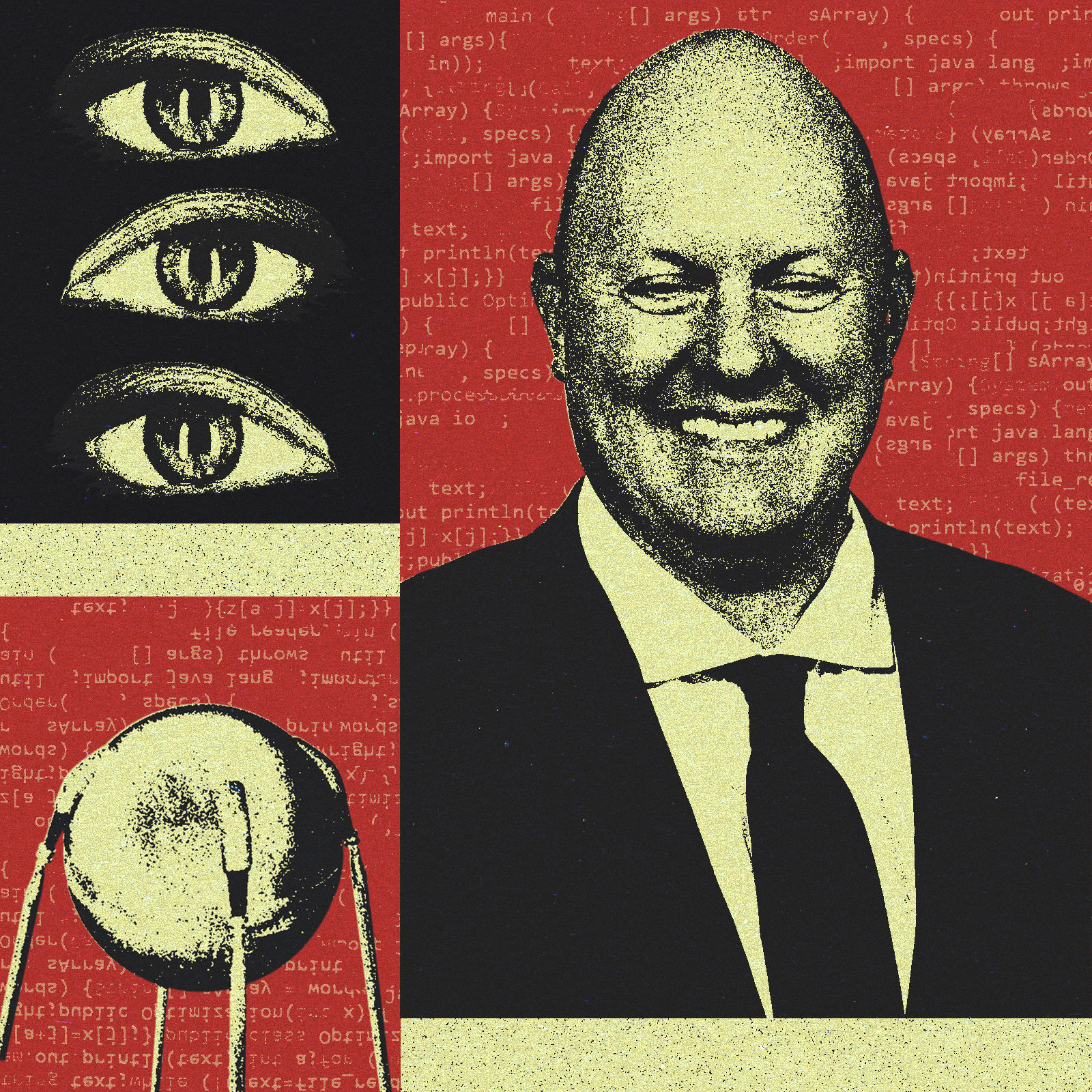 A photo illustration depicting a portrait and shapes in black and red.