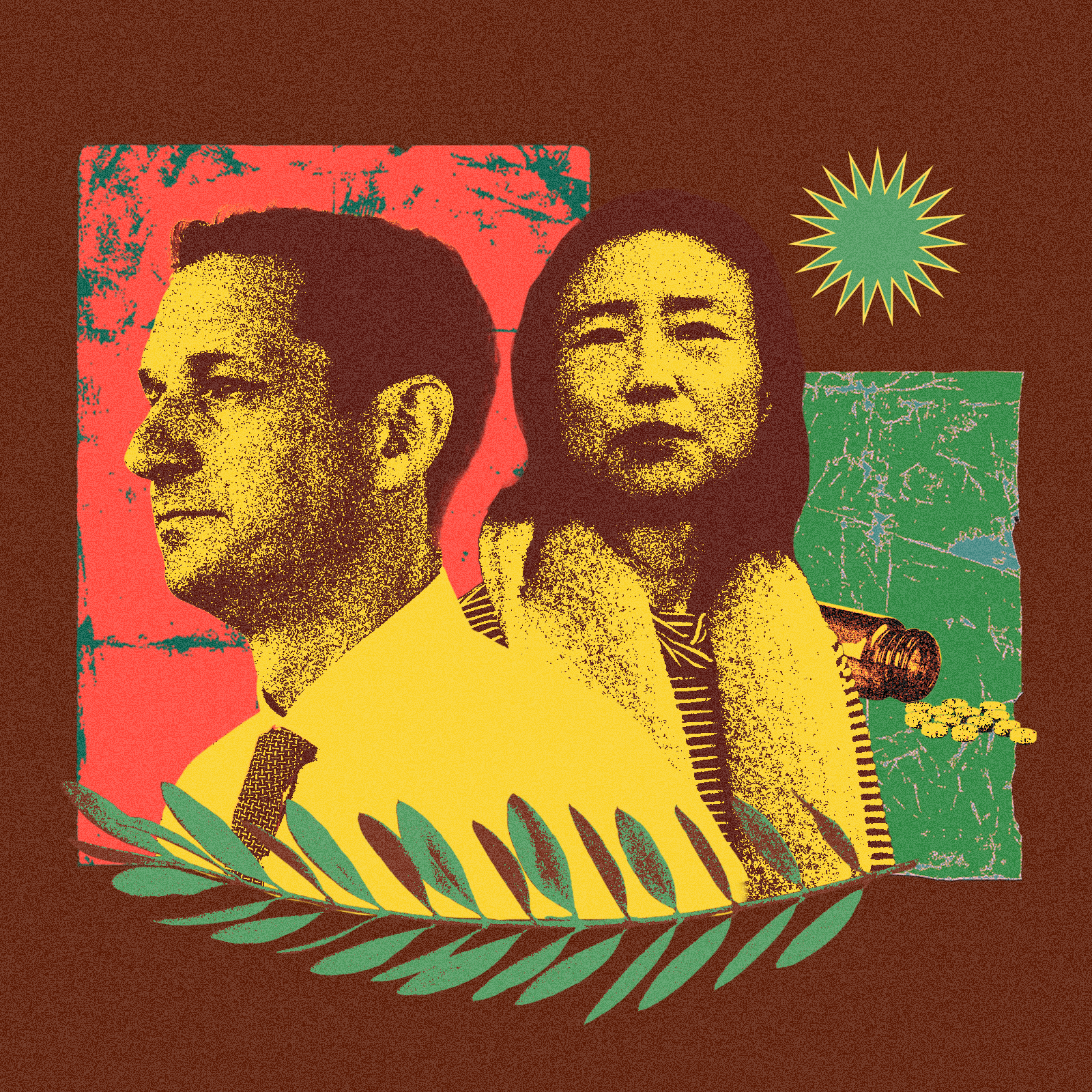 A photo illustration of 2 people and a leaf.
